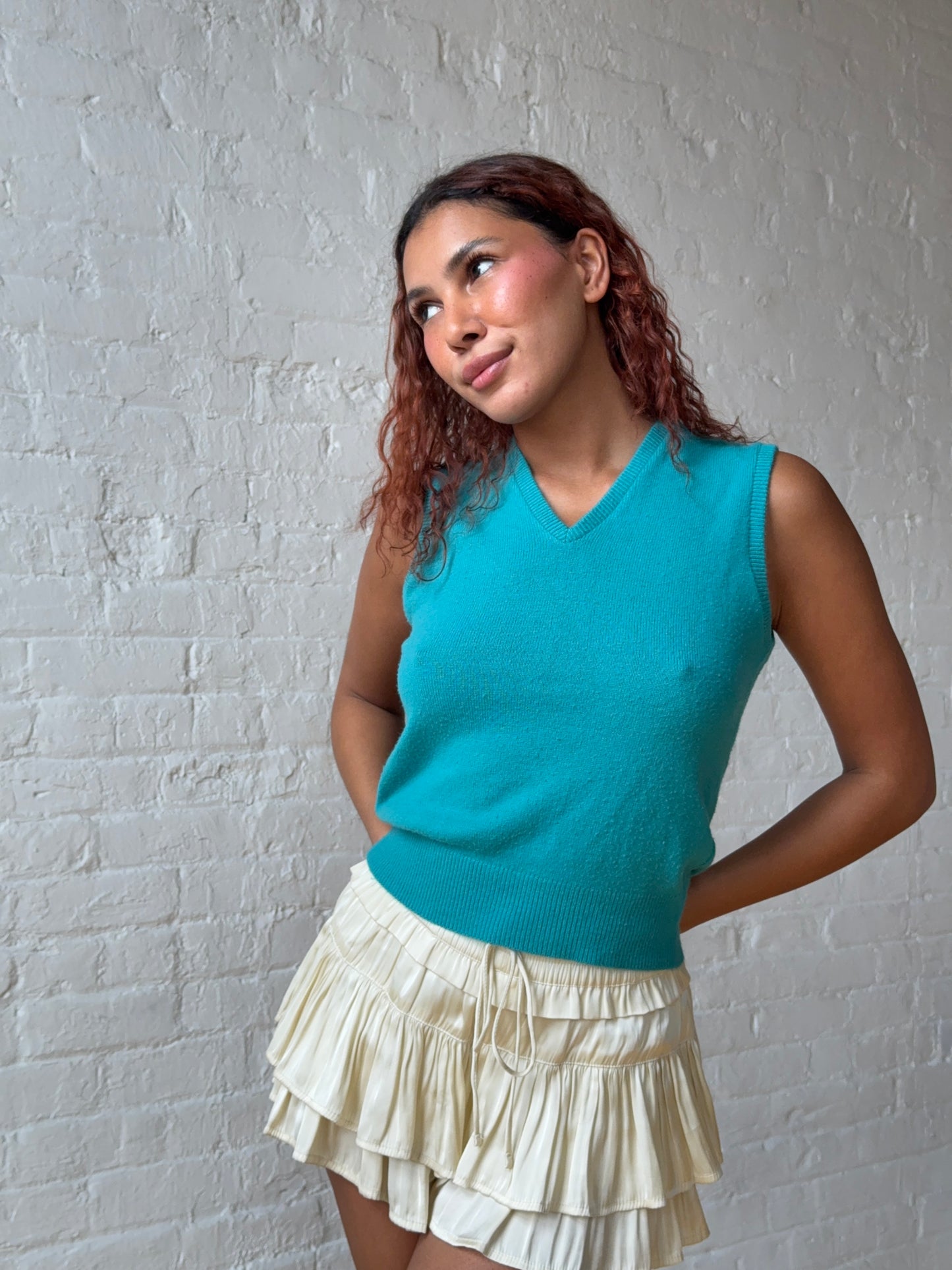 Vintage Turquoise Knit Sweater Vest Robert Bruce Mazet Y2K Minimalist Preppy Tank