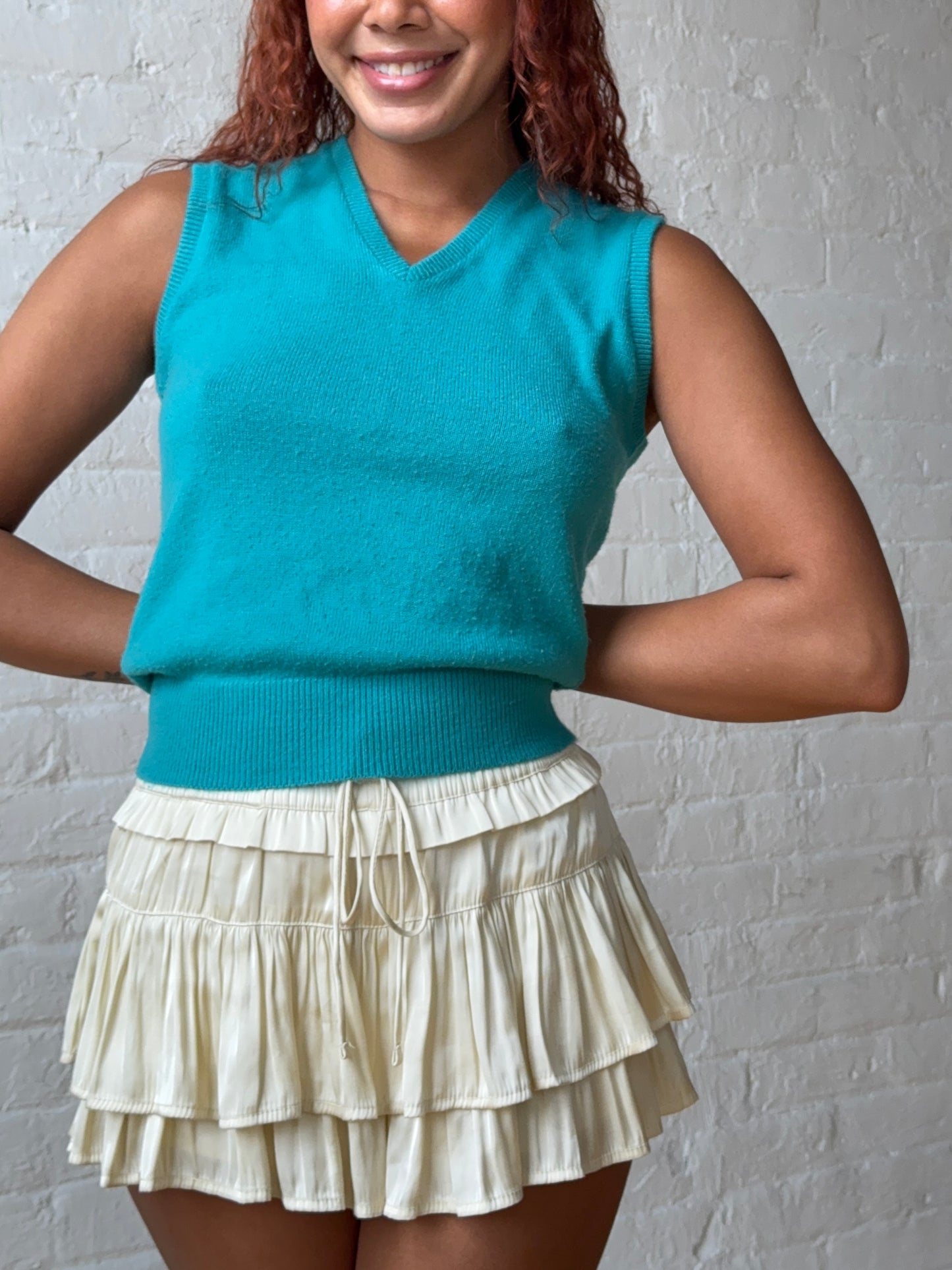 Vintage Turquoise Knit Sweater Vest Robert Bruce Mazet Y2K Minimalist Preppy Tank