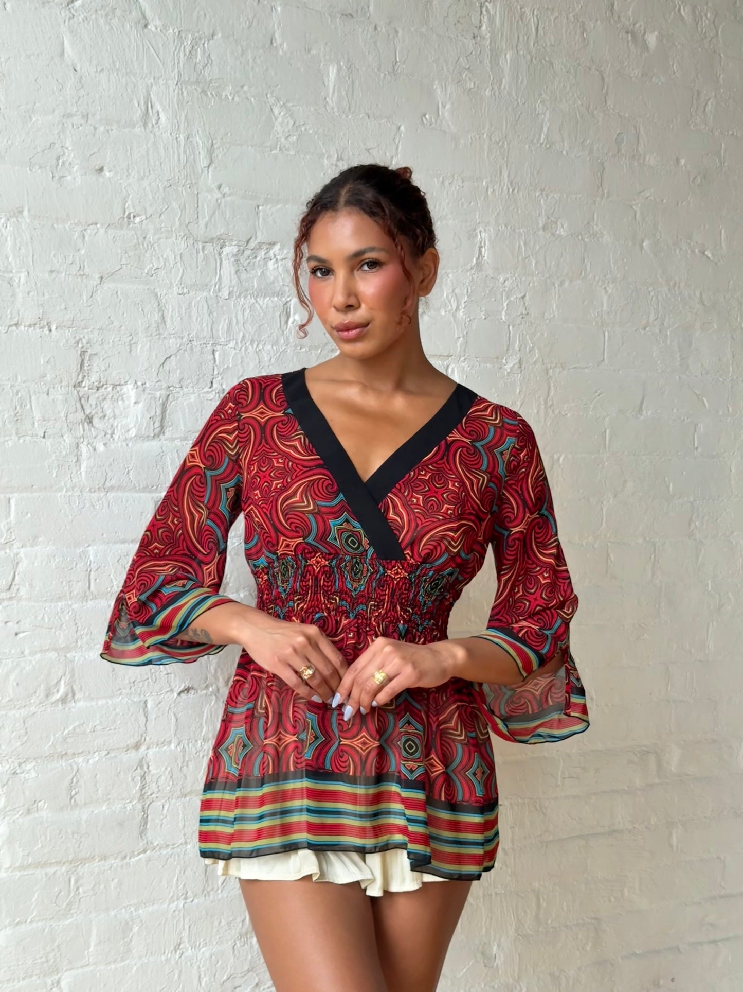 Y2K Bisou Bisou Psychedelic Empire Mesh Top