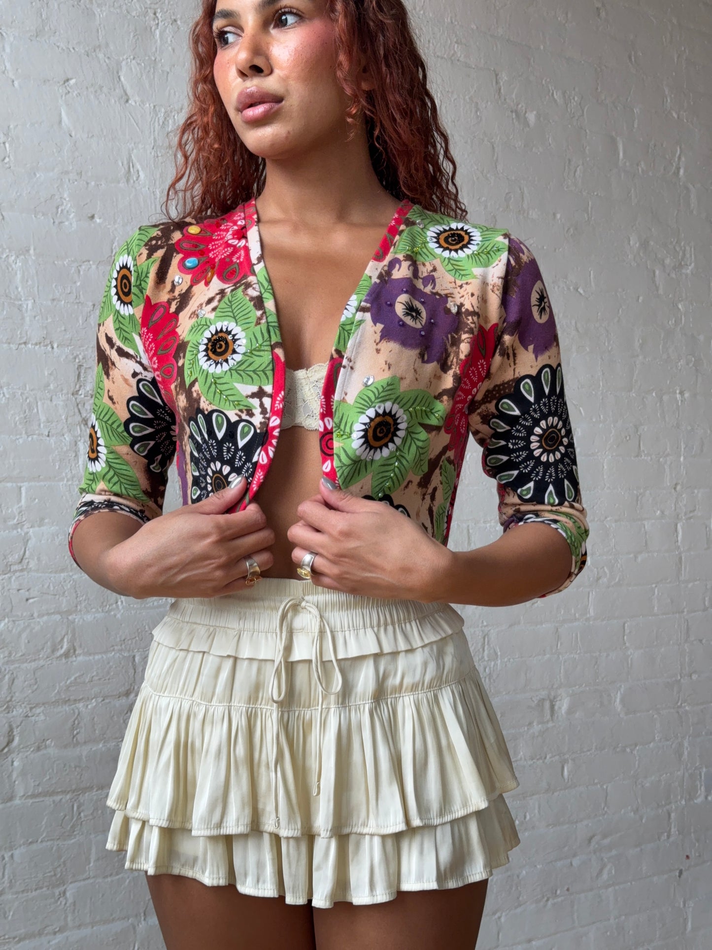 Beaded Floral Crop Top Y2K Vintage Cardigan