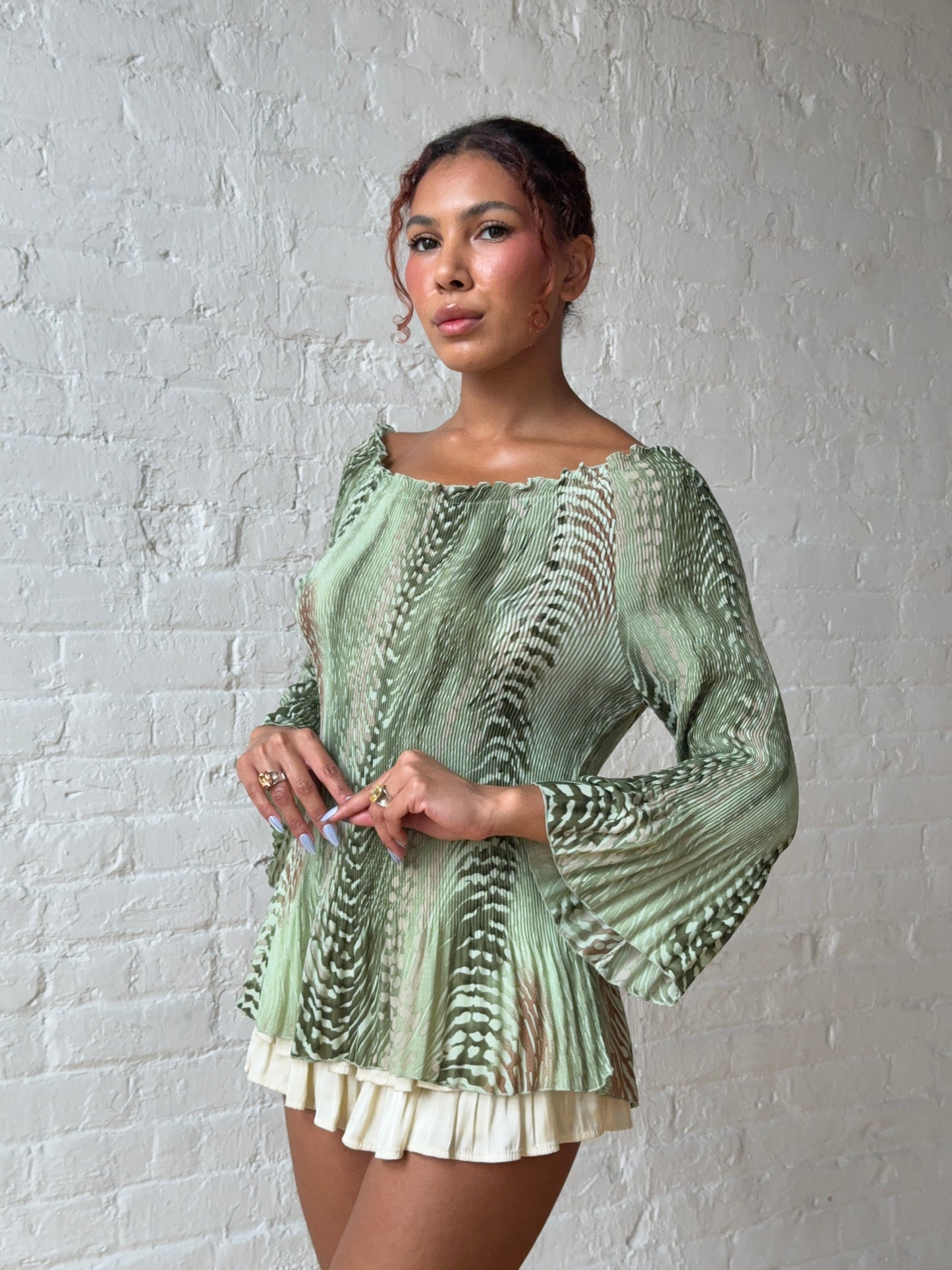 Y2K Sage Green Off Shoulder Pleated Bell Sleeve Tunic Top