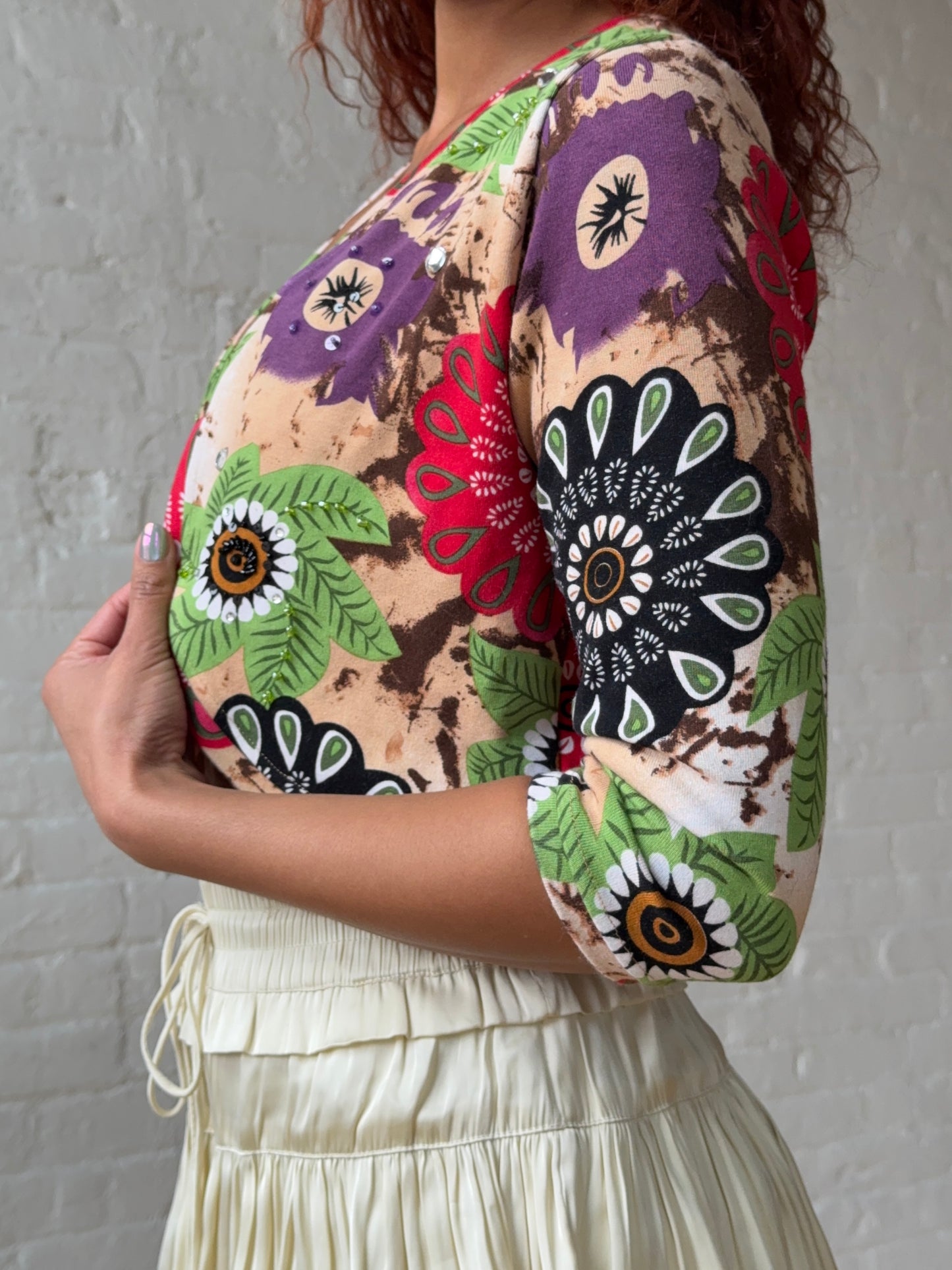 Beaded Floral Crop Top Y2K Vintage Cardigan