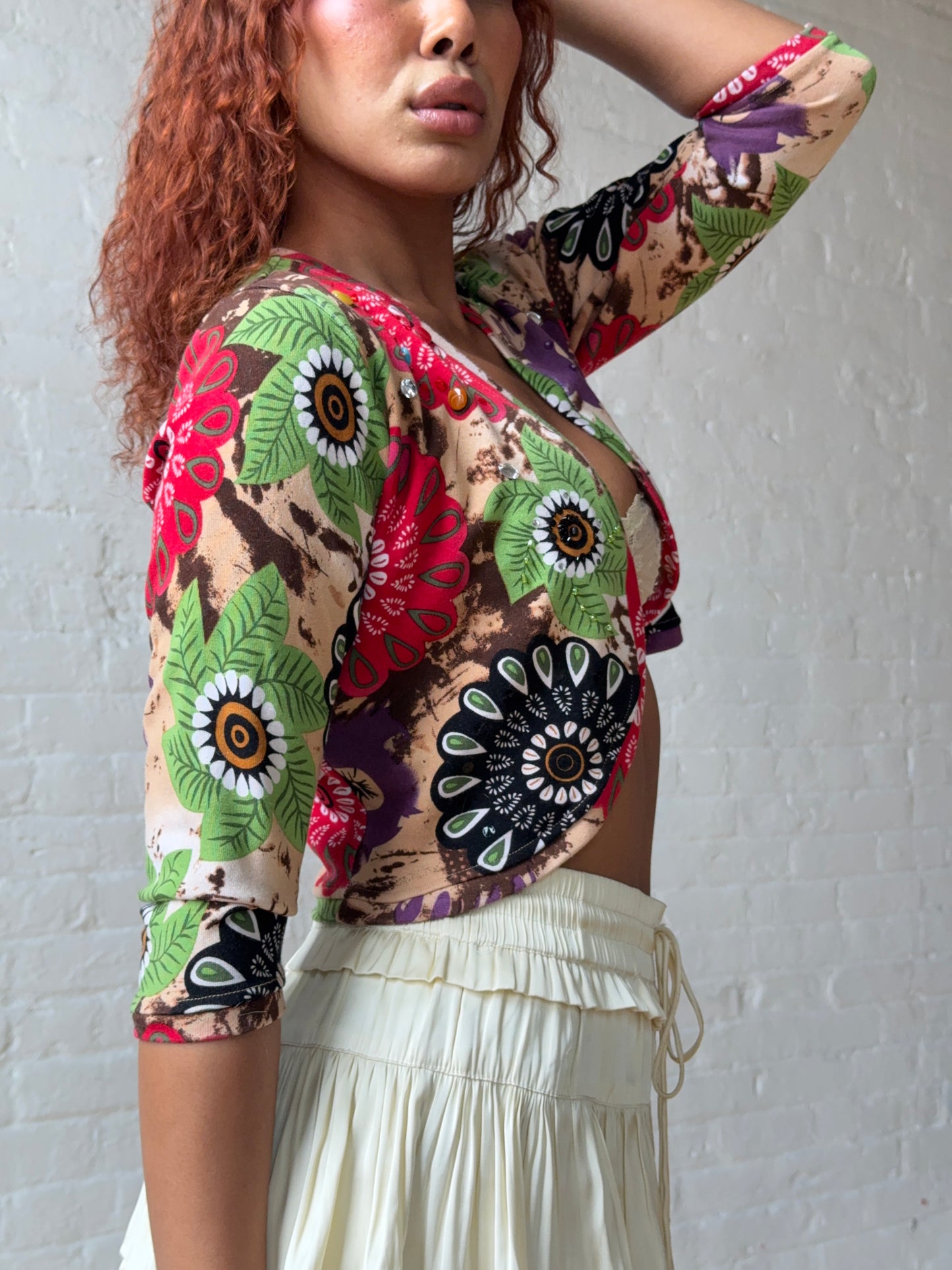 Beaded Floral Crop Top Y2K Vintage Cardigan