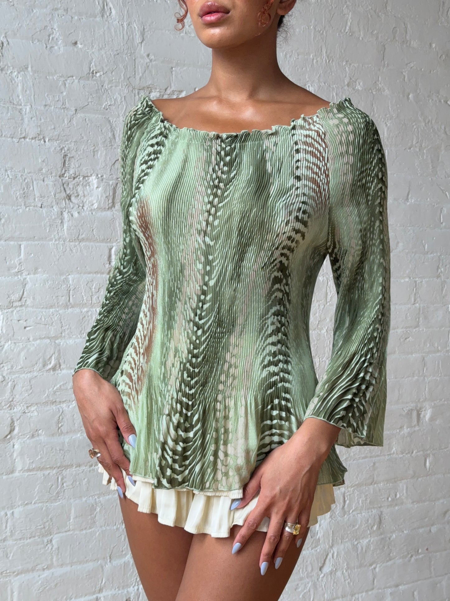 Y2K Sage Green Off Shoulder Pleated Bell Sleeve Tunic Top