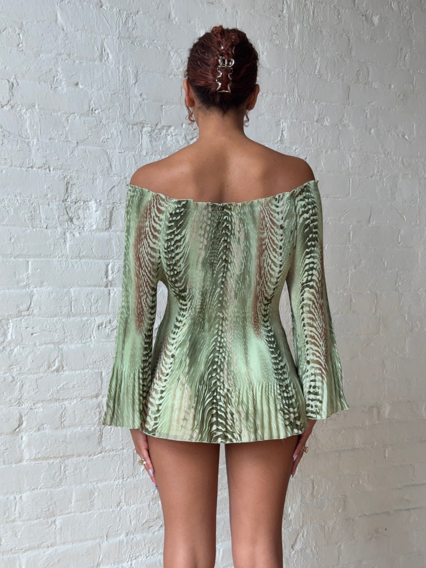 Y2K Sage Green Off Shoulder Pleated Bell Sleeve Tunic Top