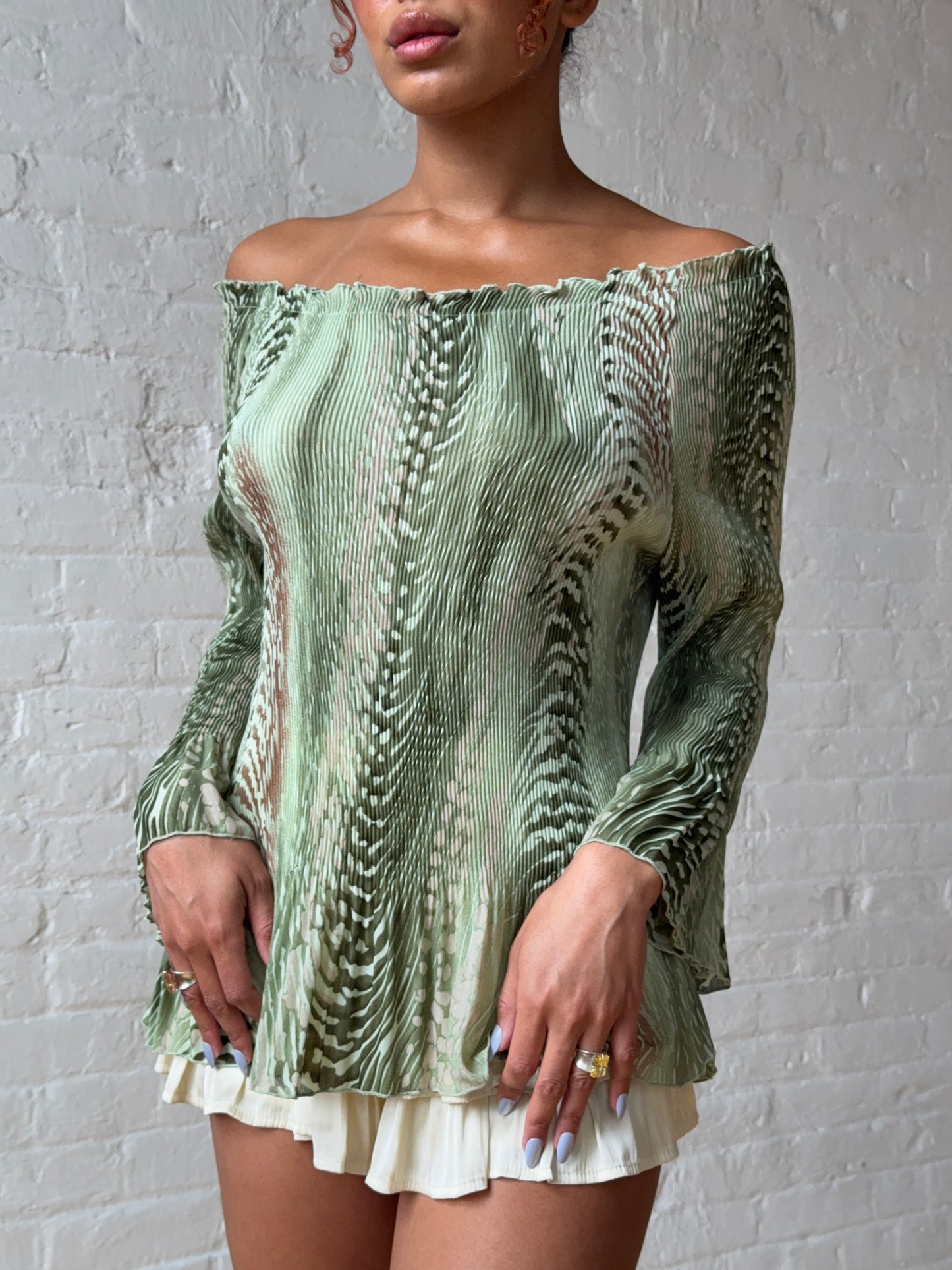 Y2K Sage Green Off Shoulder Pleated Bell Sleeve Tunic Top