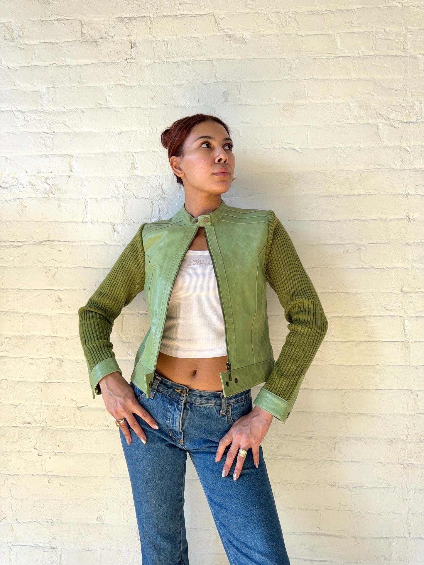 Vintage Pistachio Leather Knit Panel Jacket