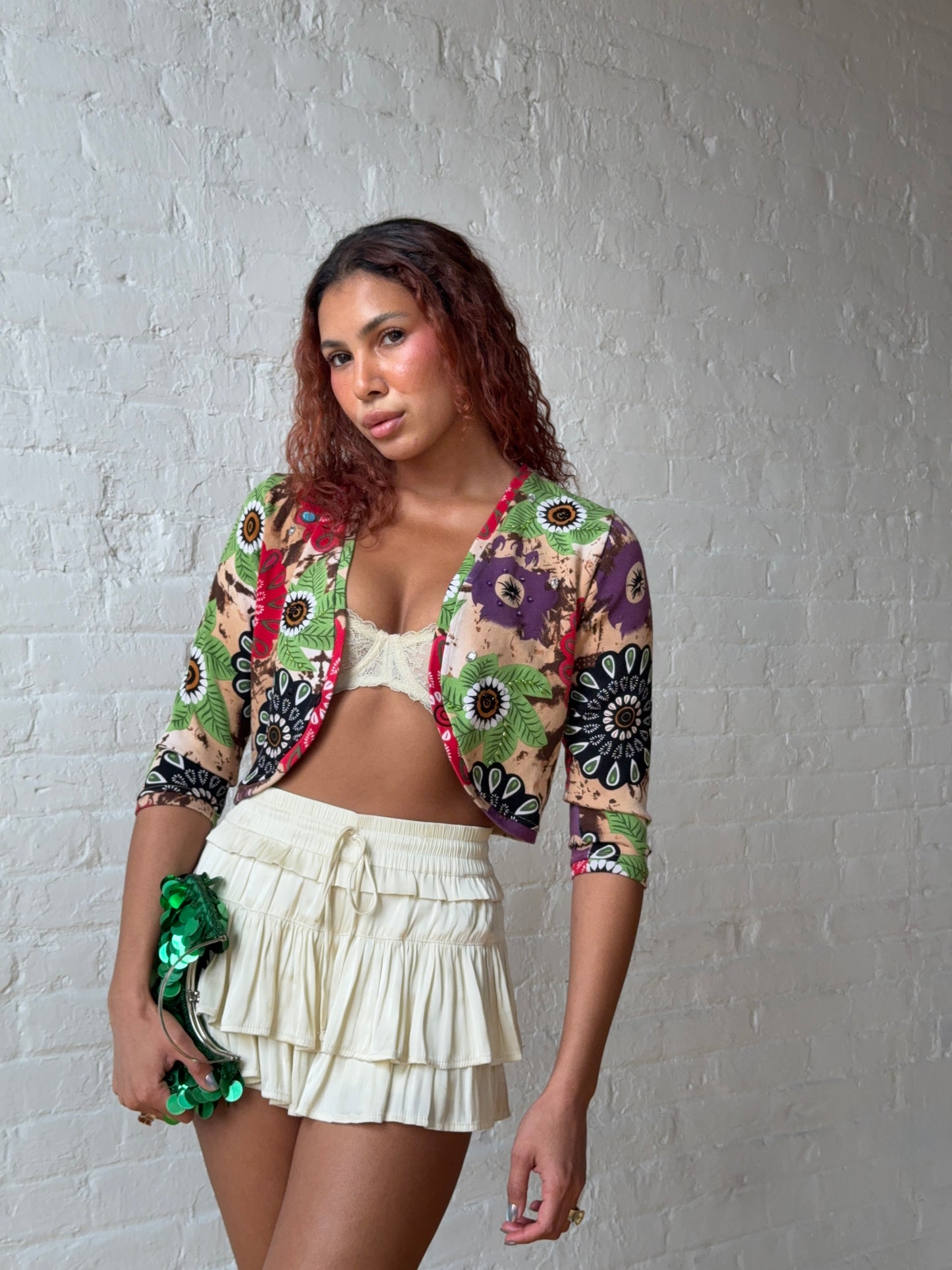 Beaded Floral Crop Top Y2K Vintage Cardigan