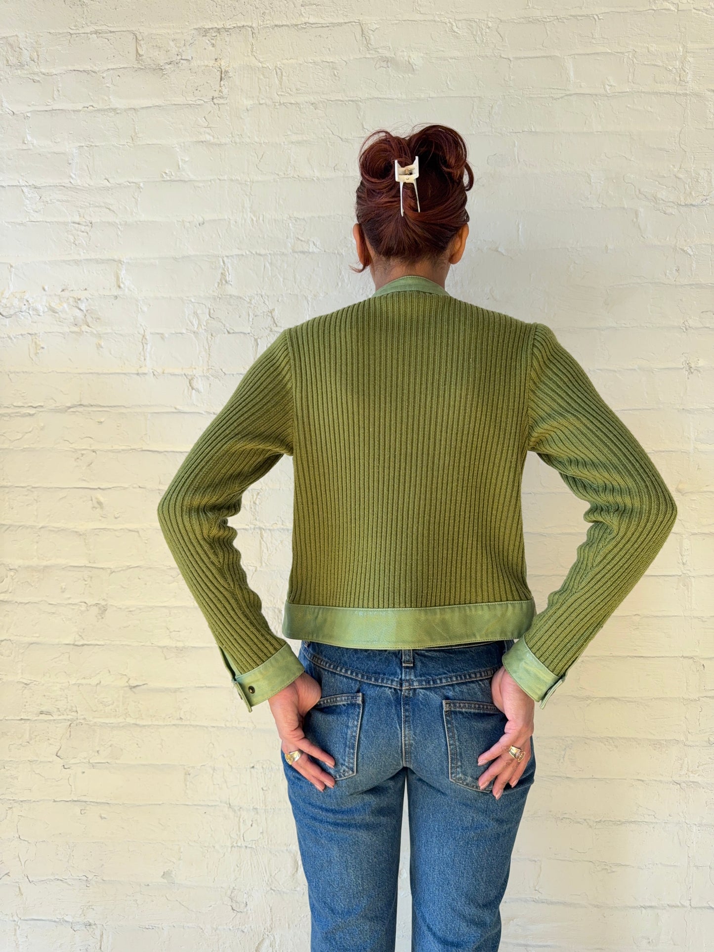 Vintage Pistachio Leather Knit Panel Jacket
