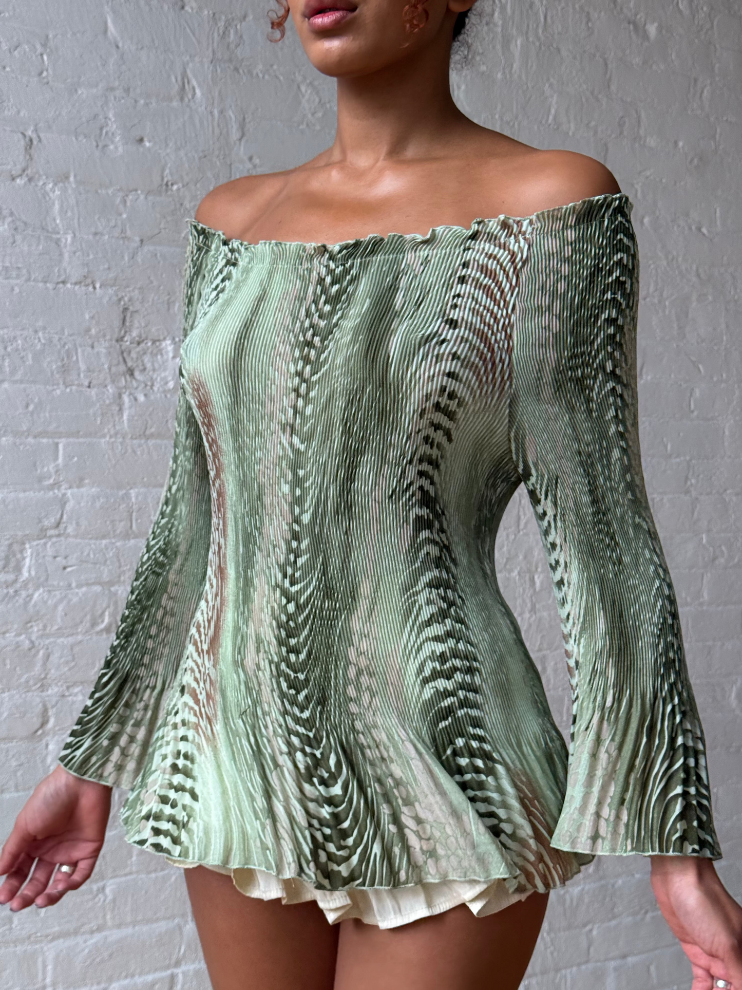 Y2K Sage Green Off Shoulder Pleated Bell Sleeve Tunic Top