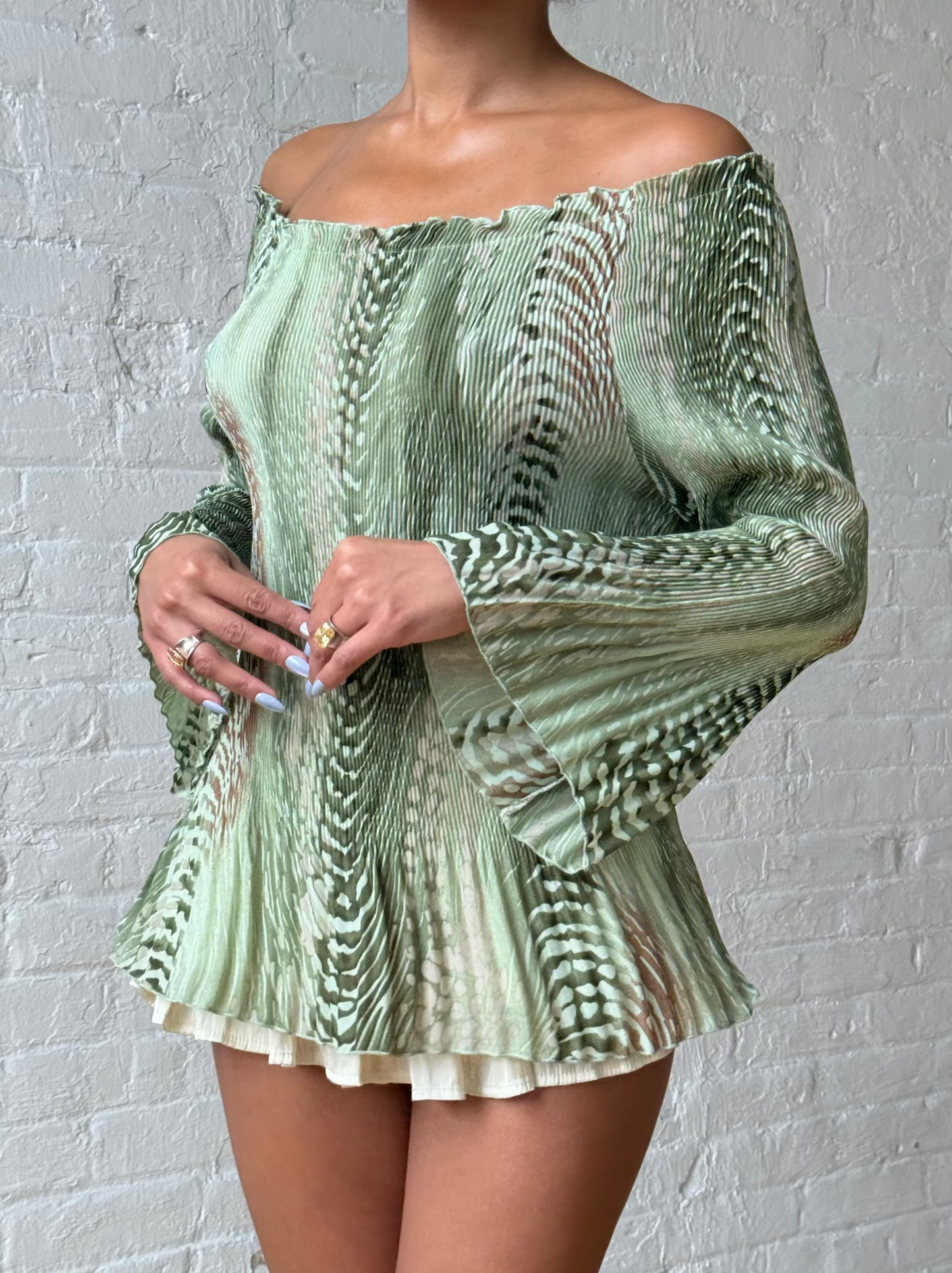 Y2K Sage Green Off Shoulder Pleated Bell Sleeve Tunic Top
