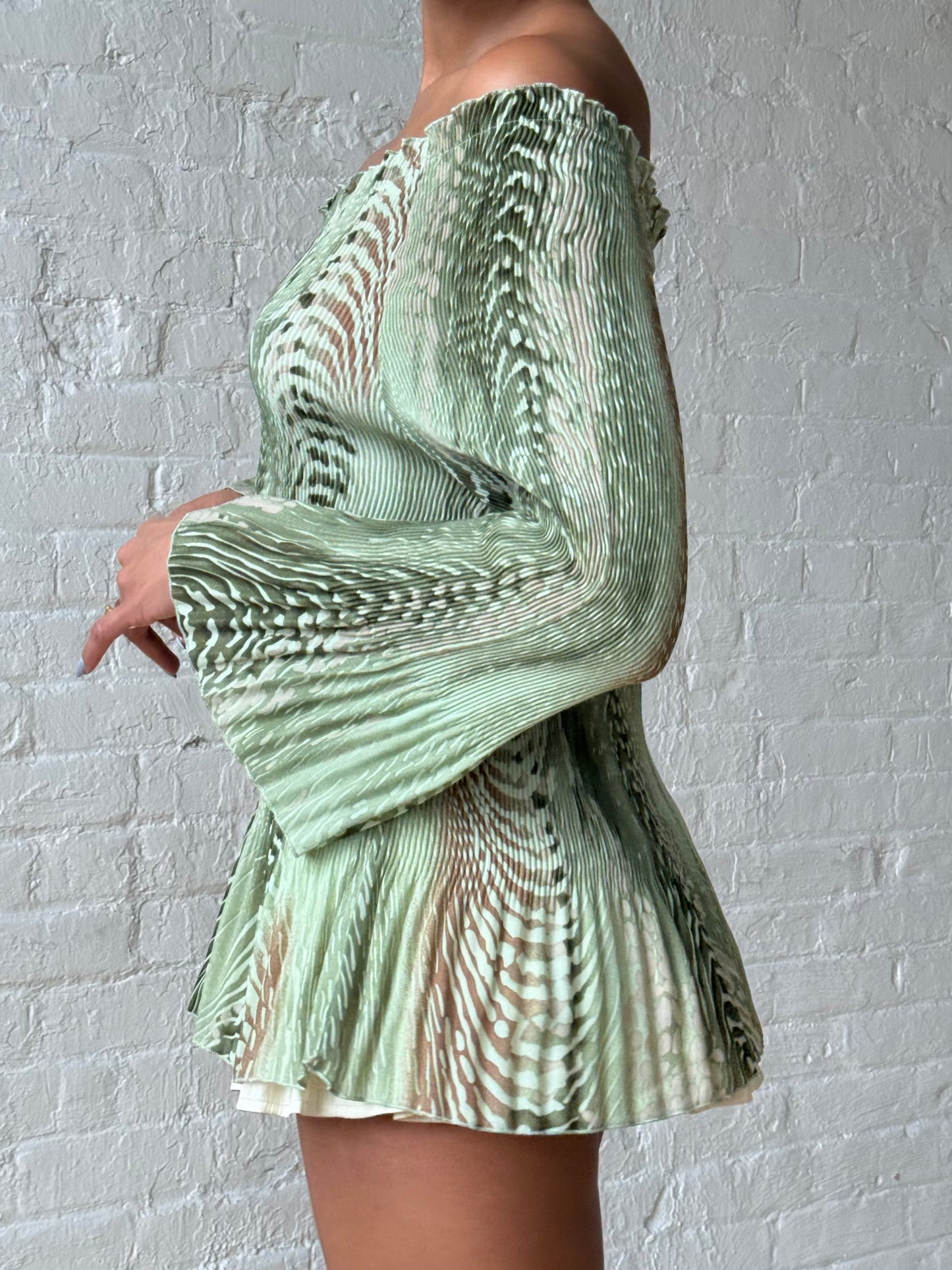 Y2K Sage Green Off Shoulder Pleated Bell Sleeve Tunic Top