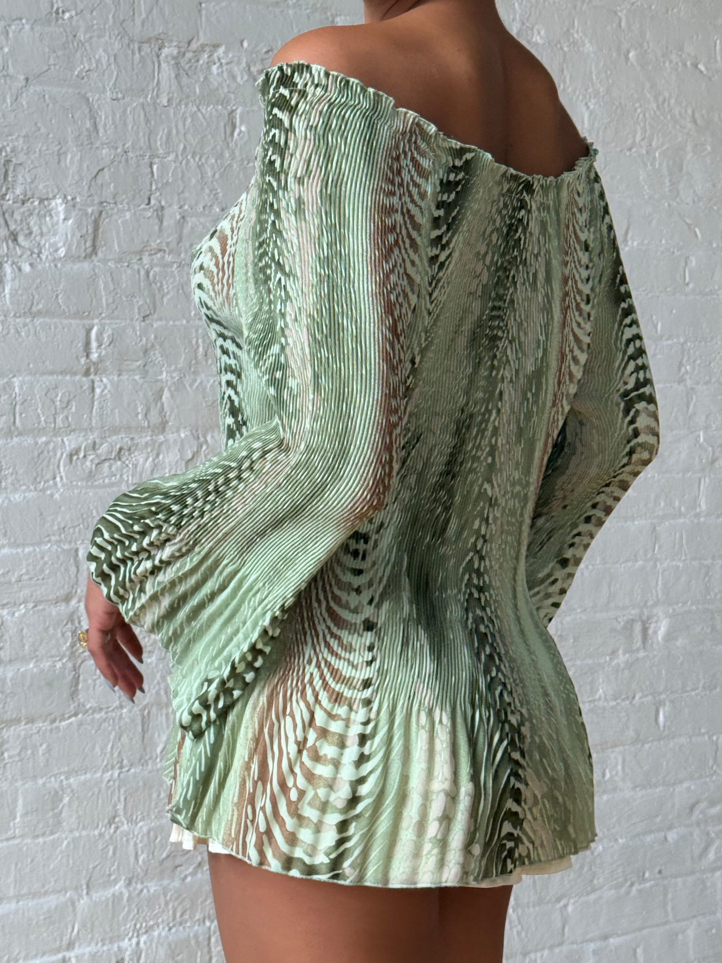 Y2K Sage Green Off Shoulder Pleated Bell Sleeve Tunic Top