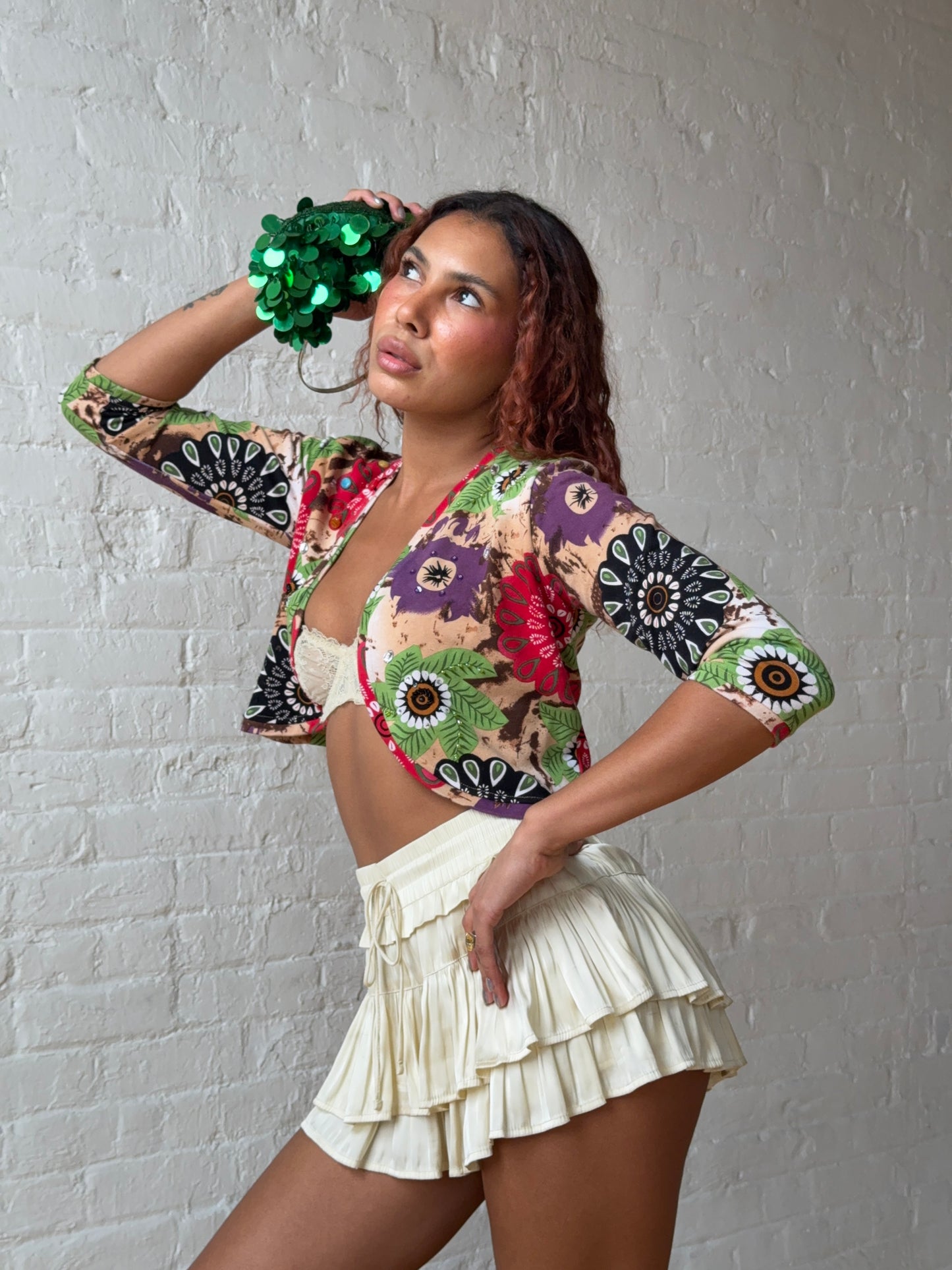 Beaded Floral Crop Top Y2K Vintage Cardigan