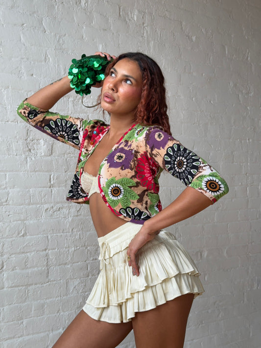 Beaded Floral Crop Top Y2K Vintage Cardigan