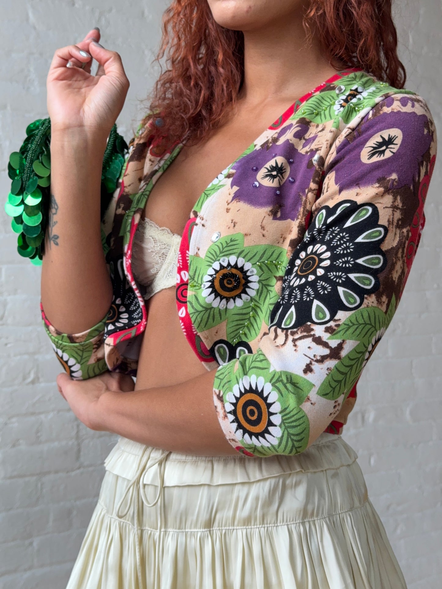 Beaded Floral Crop Top Y2K Vintage Cardigan