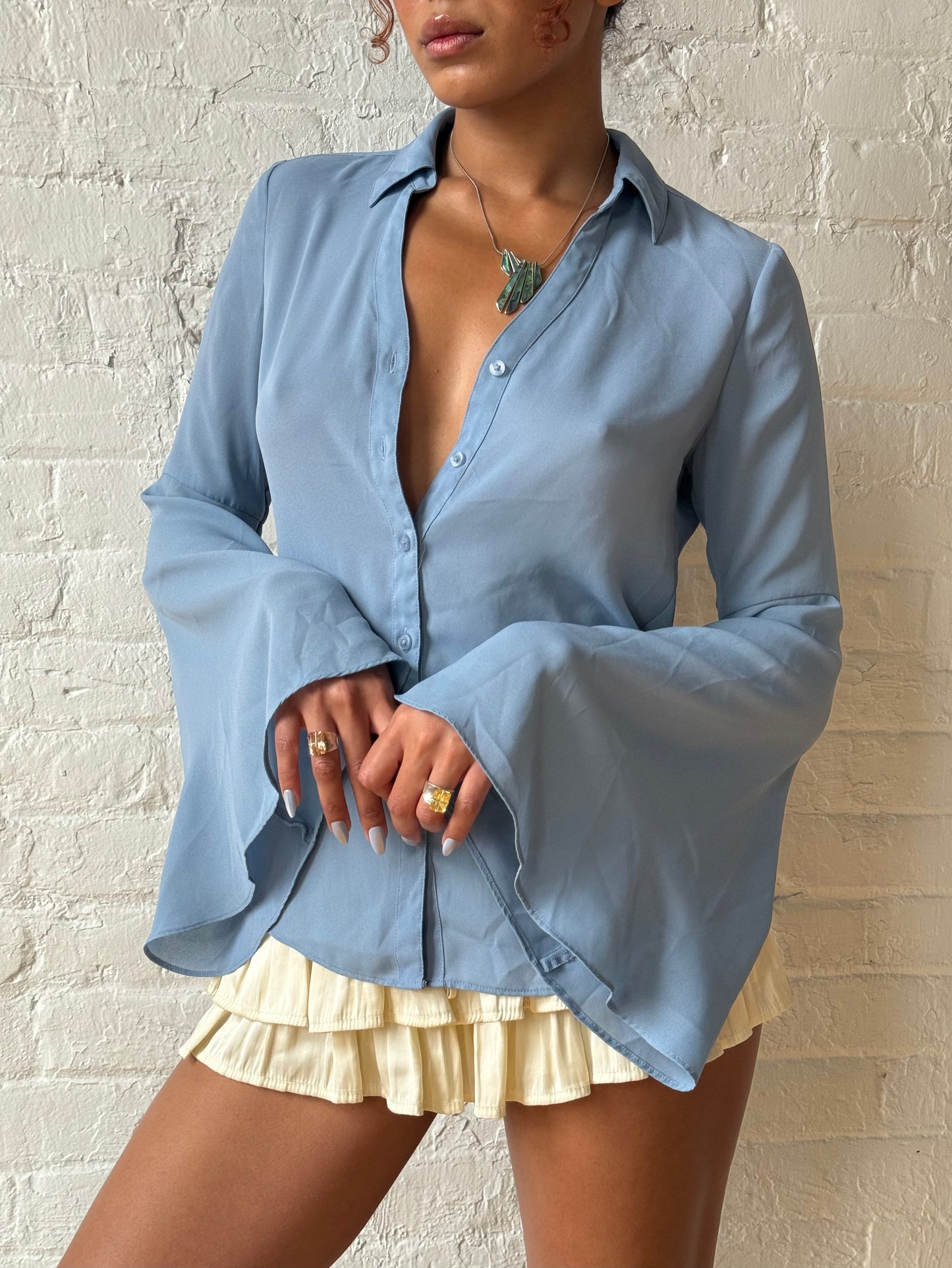 Y2K Sky Blue Bell Sleeve Button Blouse - Romantic 2000s