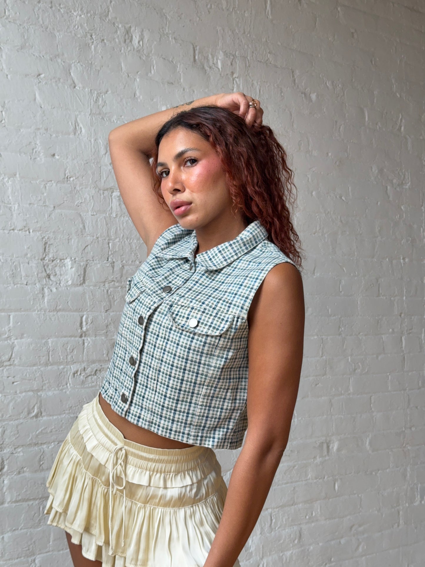 90s Green & Blue Plaid Cropped Button-Up Vest Top
