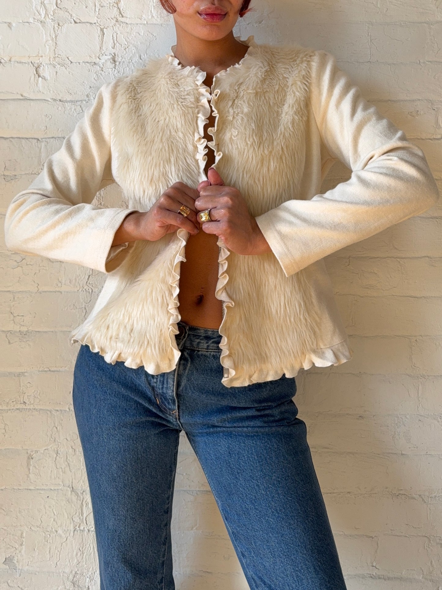 Vintage Cream Faux Fur Trim Jacket