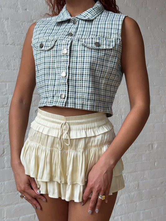 90s Green & Blue Plaid Cropped Button-Up Vest Top