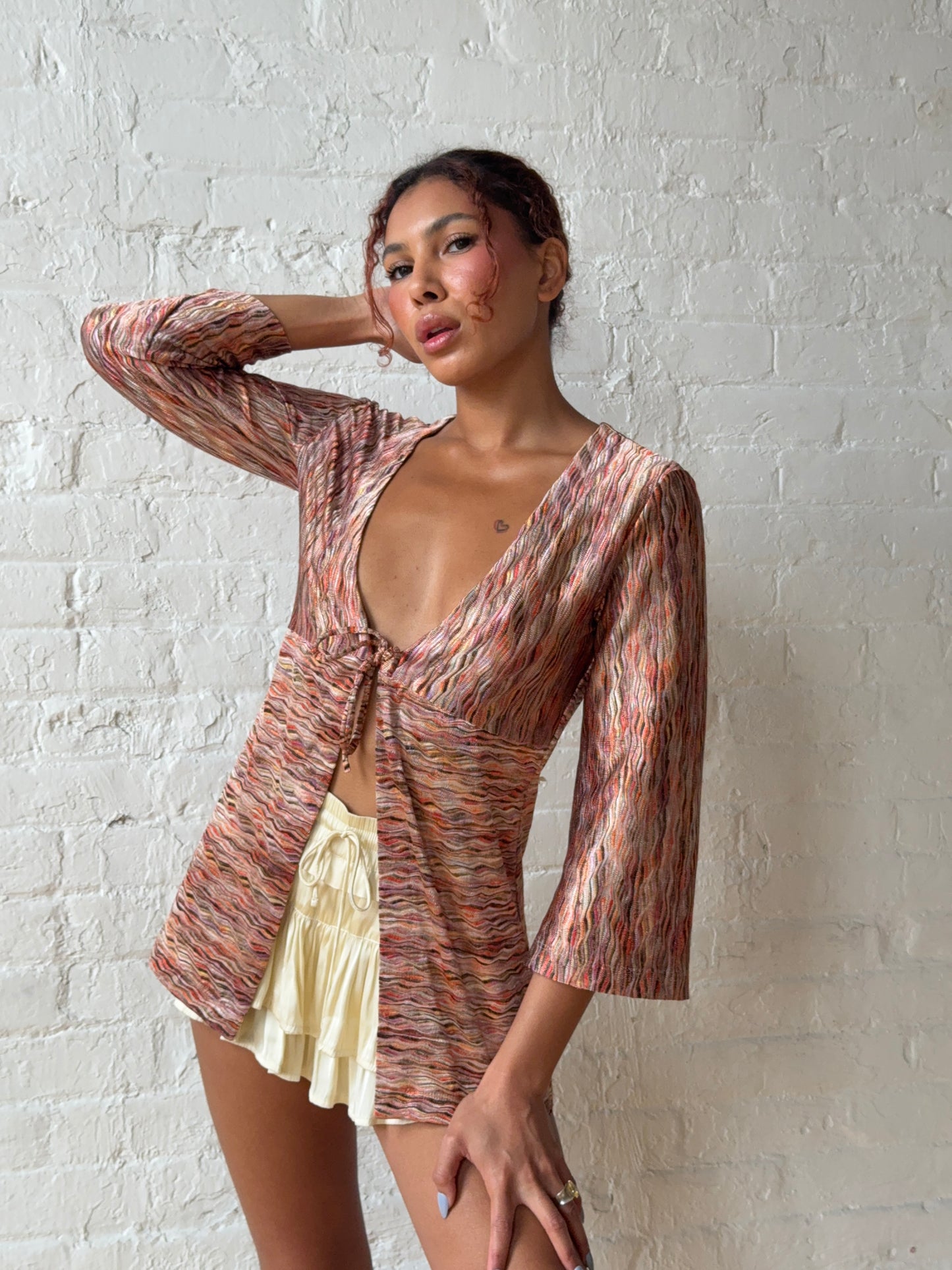 90s Abstract Tie-Front Plunge Blouse