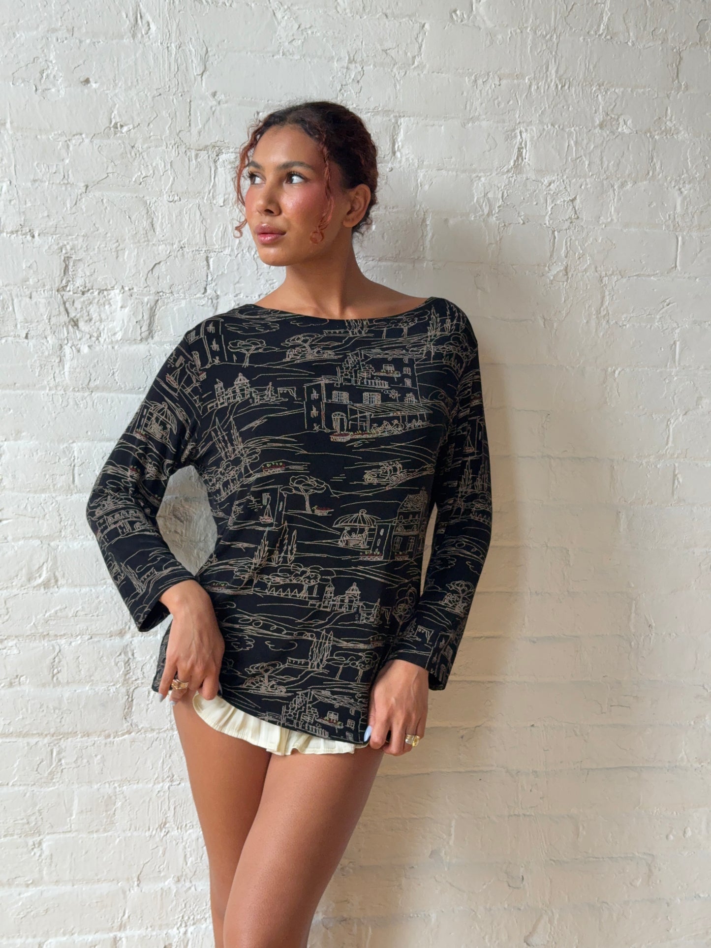 Vintage 2000s Scenic Off-Shoulder Slinky Top