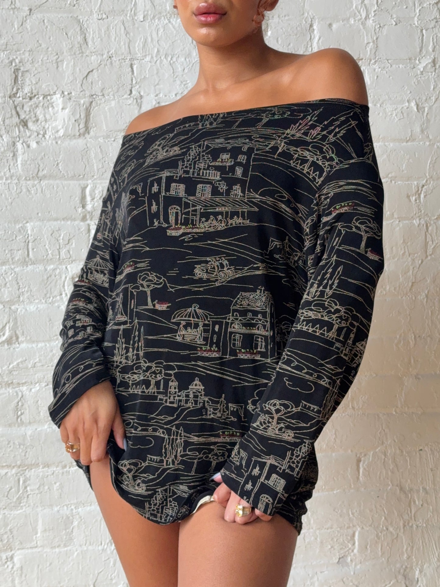 Vintage 2000s Scenic Off-Shoulder Slinky Top