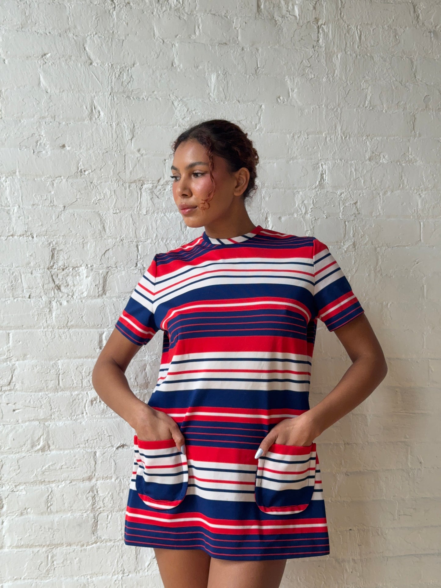 1960s Mod Red White Blue Striped A-Line Mini Dress