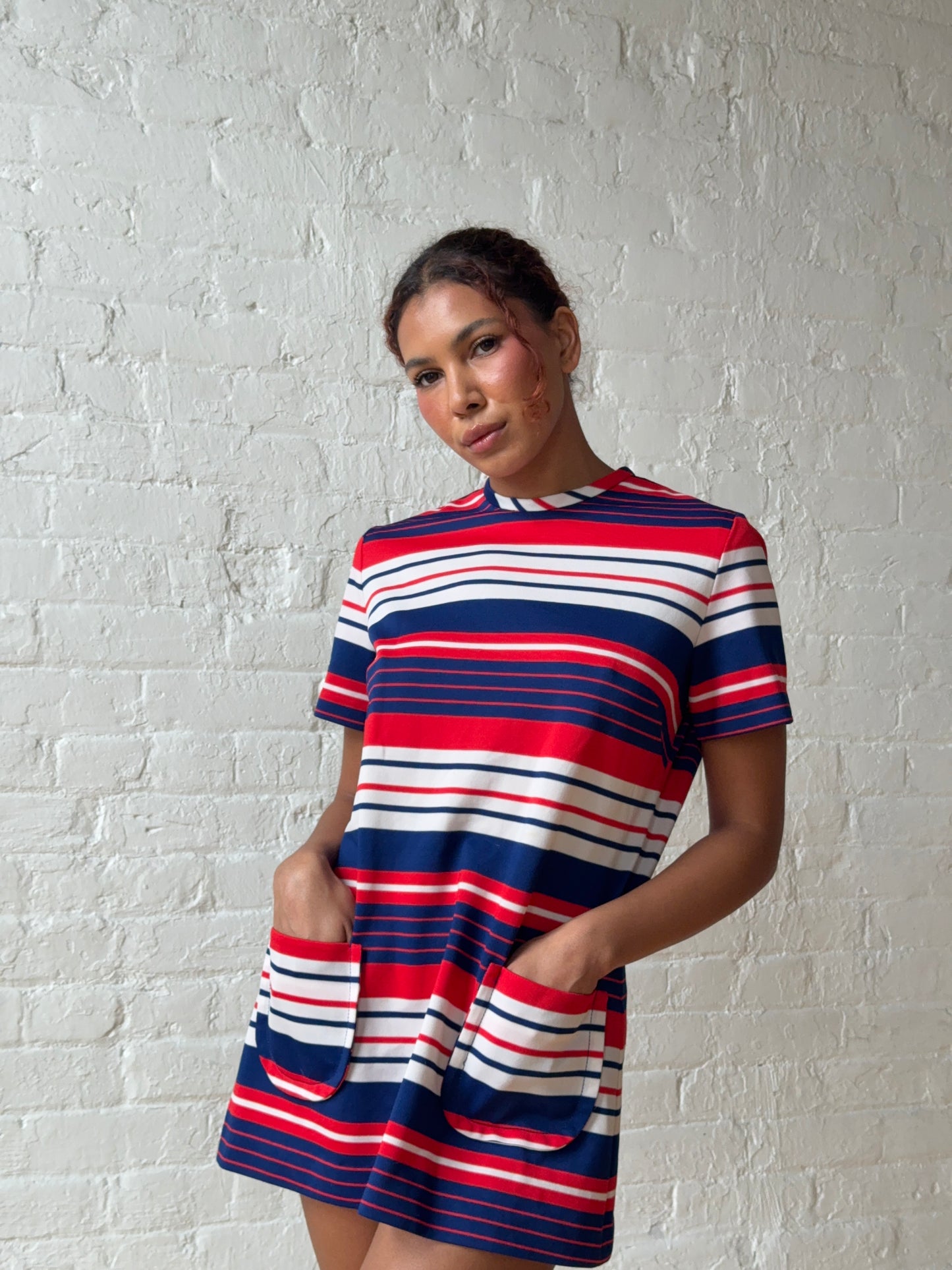 1960s Mod Red White Blue Striped A-Line Mini Dress