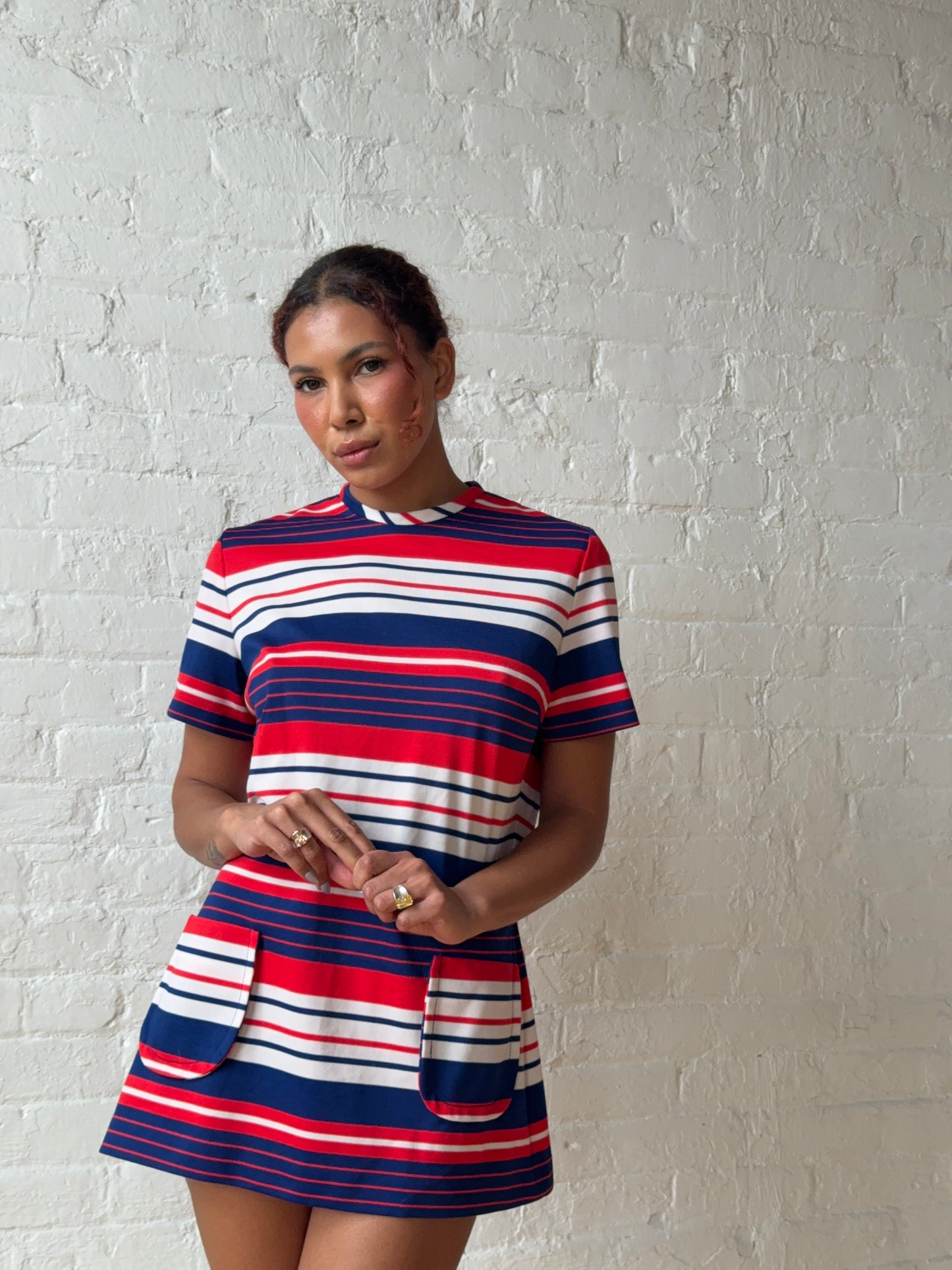1960s Mod Red White Blue Striped A-Line Mini Dress