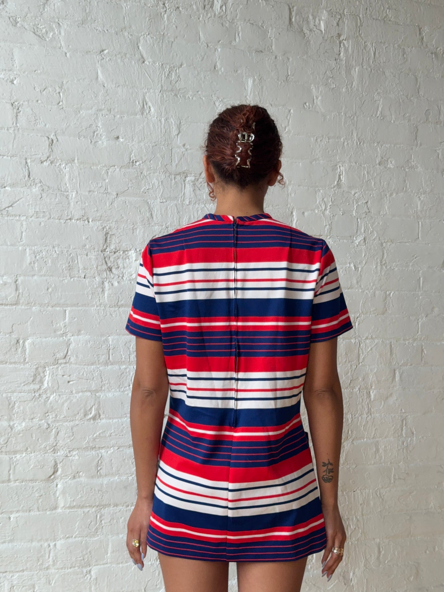 1960s Mod Red White Blue Striped A-Line Mini Dress
