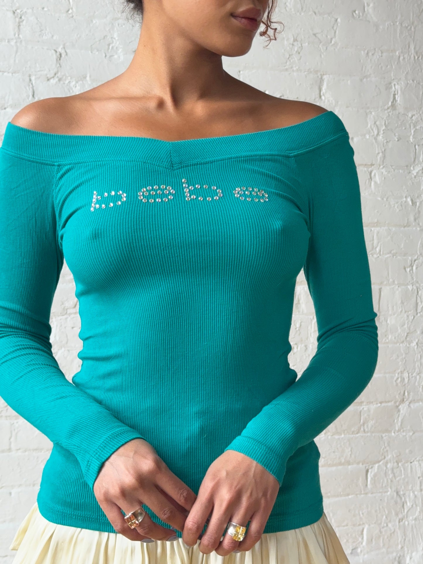 Vintage Y2K Bebe Rhinestone Logo Off-Shoulder Top