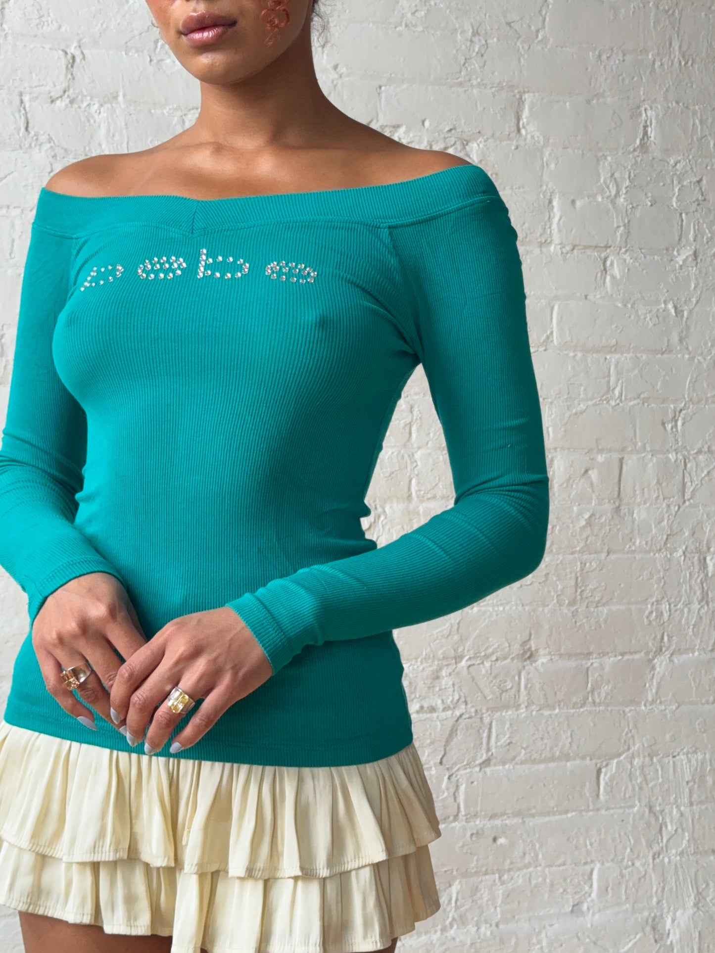 Vintage Y2K Bebe Rhinestone Logo Off-Shoulder Top