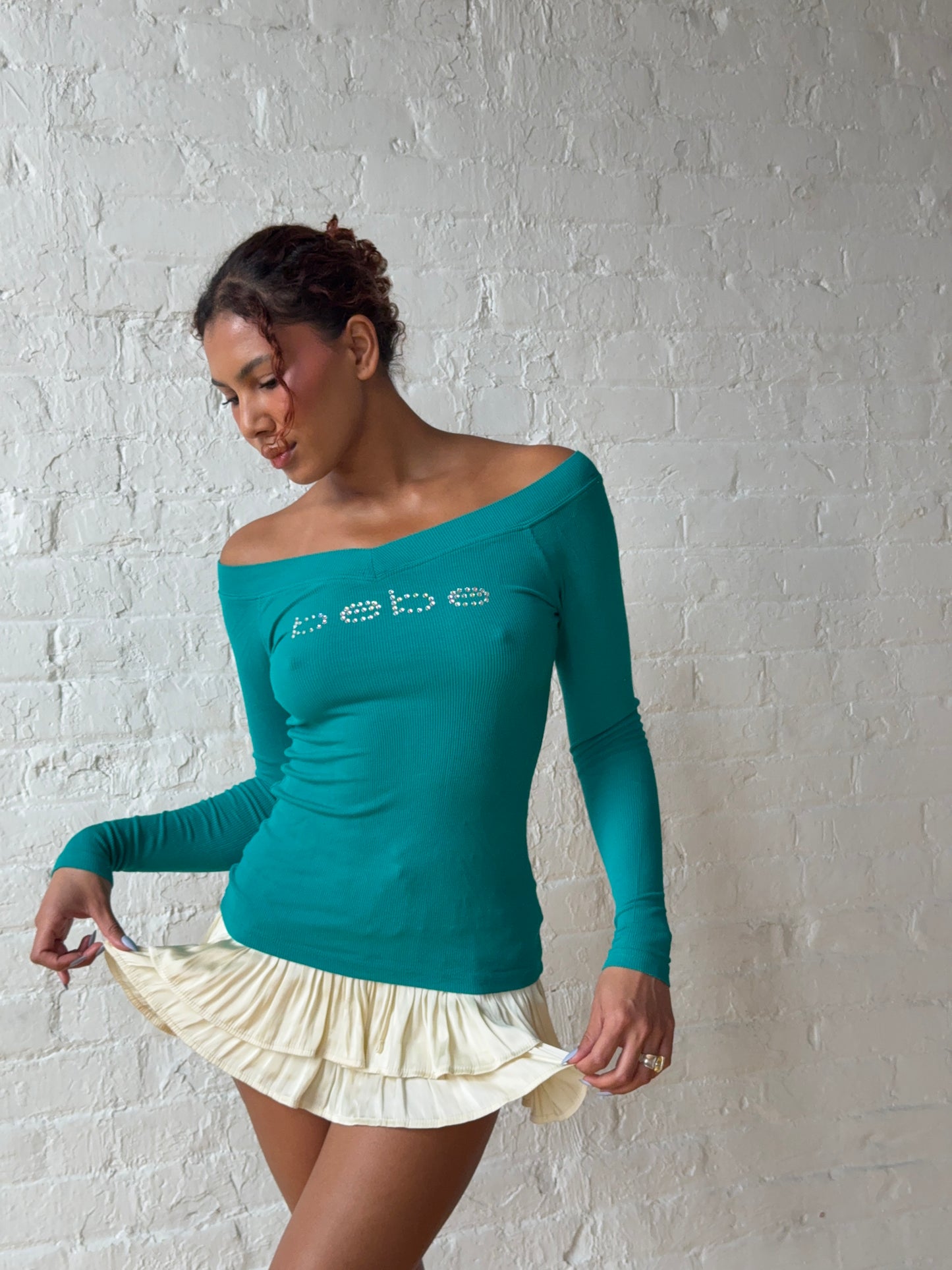 Vintage Y2K Bebe Rhinestone Logo Off-Shoulder Top