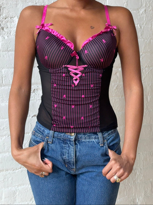 Vintage 2000s Playboy Bunny Corset Bustier Pink Black Y2K Top