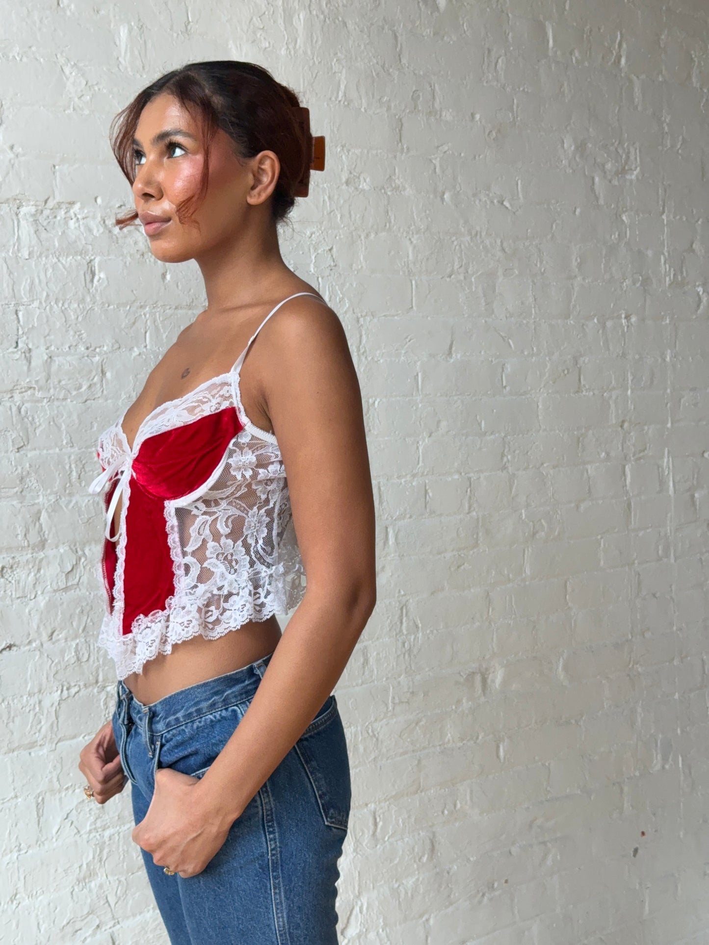Vintage Frederick’s of Hollywood Red Velvet Lace Corset Top