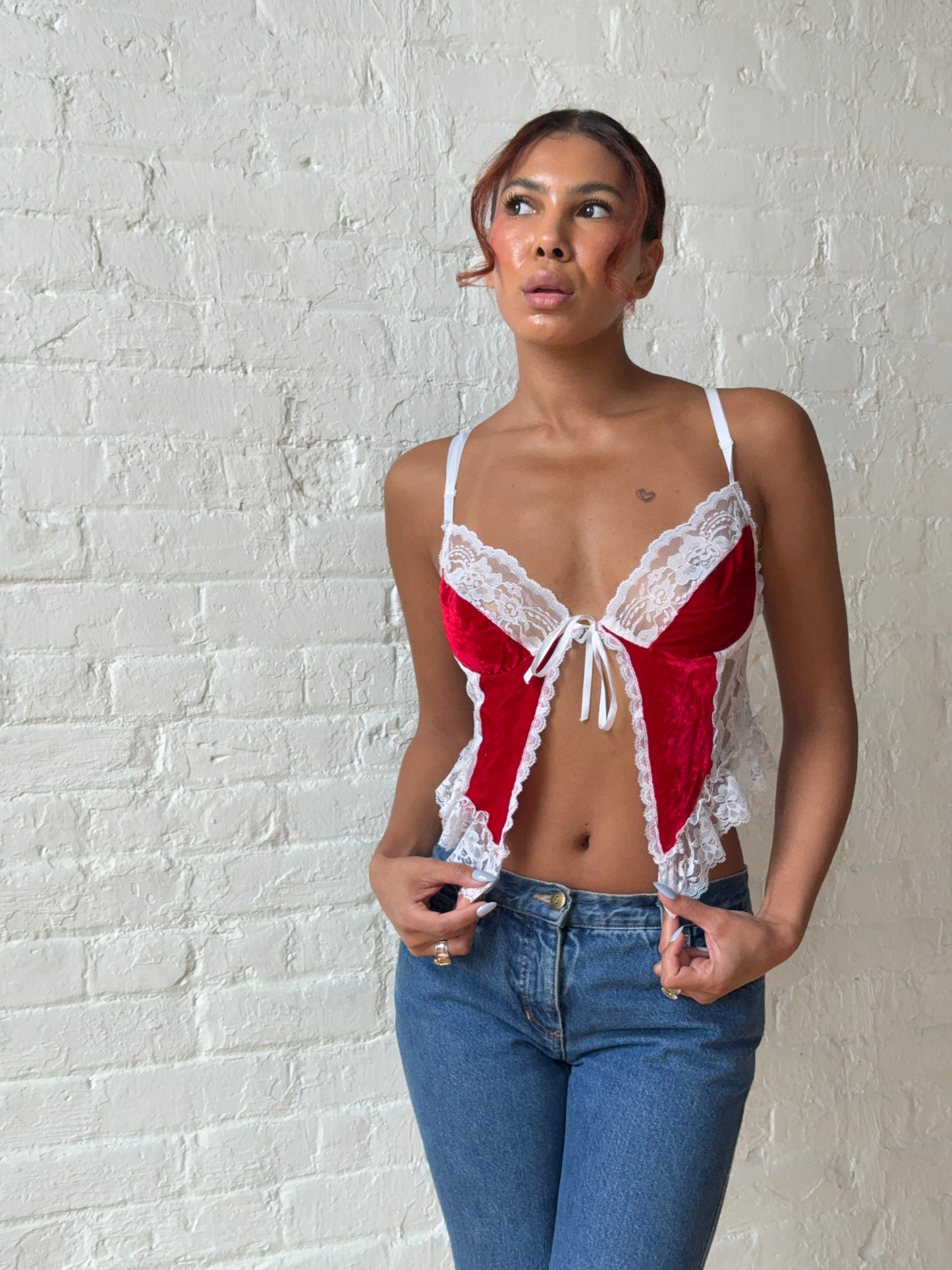 Vintage Frederick’s of Hollywood Red Velvet Lace Corset Top