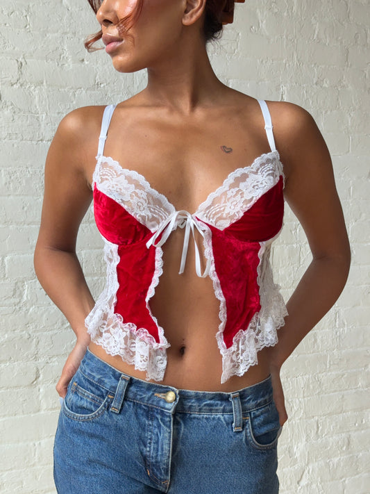 Vintage Frederick’s of Hollywood Red Velvet Lace Corset Top