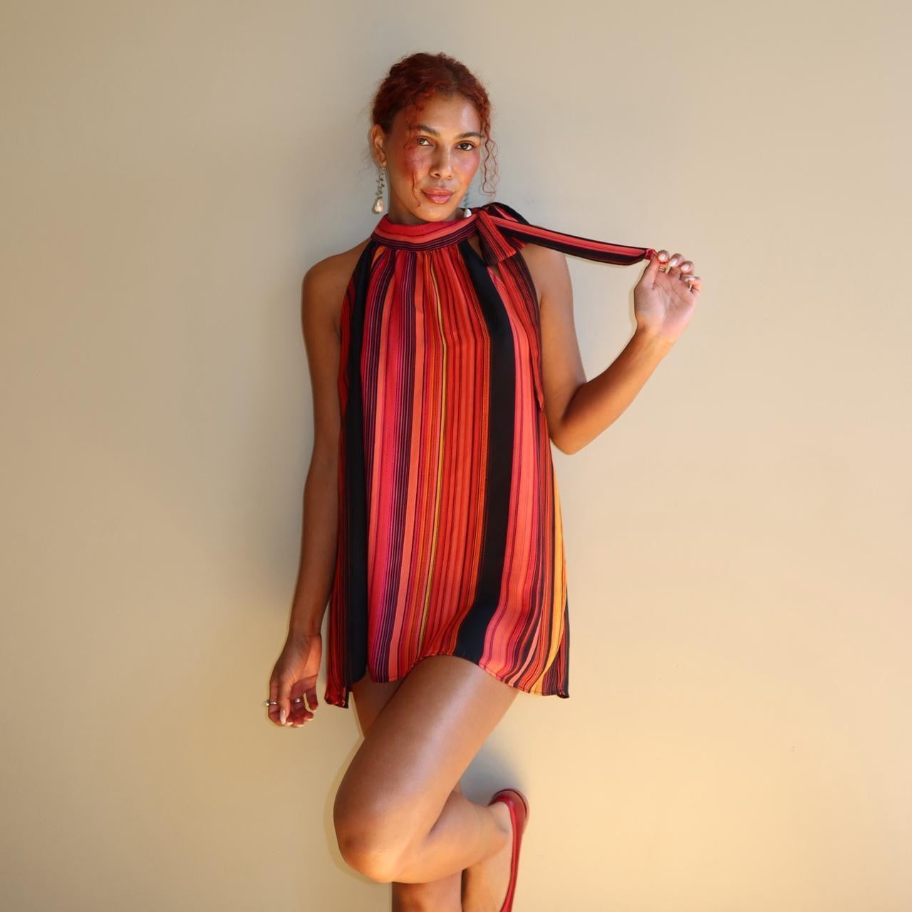 2000s Striped Halter Tunic Dress