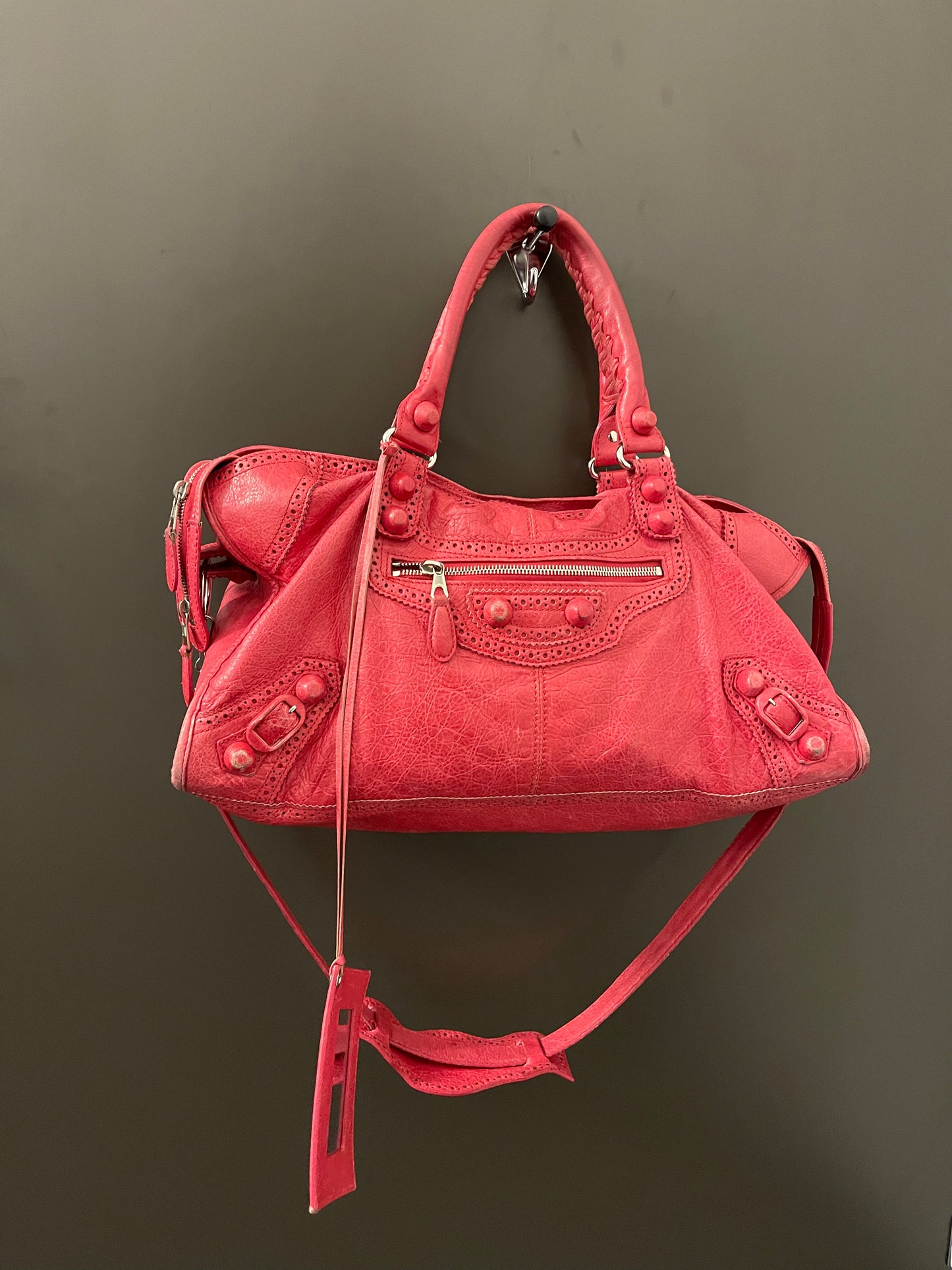 Vintage Balenciaga Red Leather Moto Top Handle Bag with Shoulder Strap