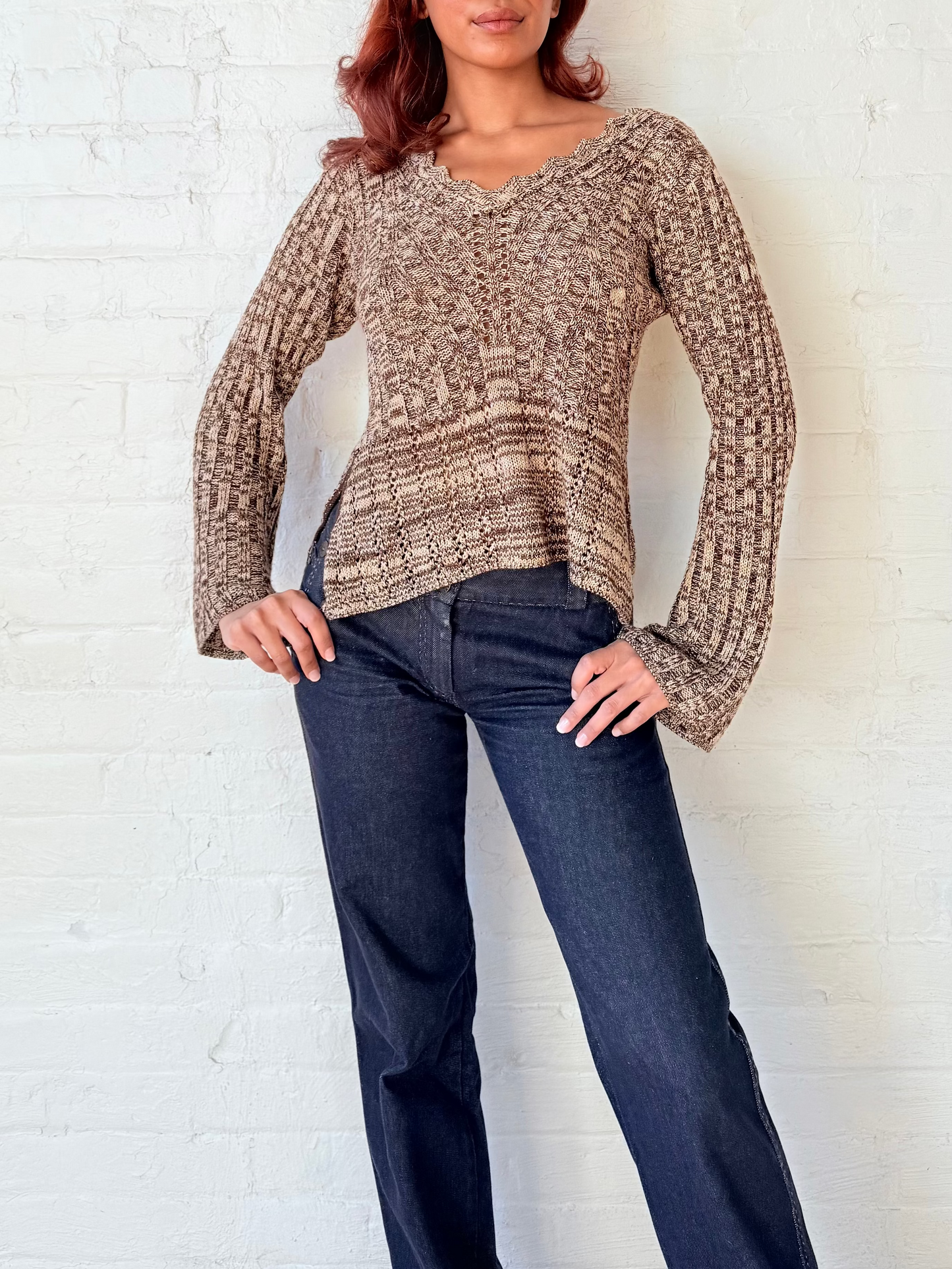 1990s Brown Marl Bell Sleeve Knit Sweater
