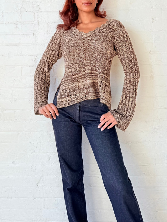 1990s Brown Marl Bell Sleeve Knit Sweater