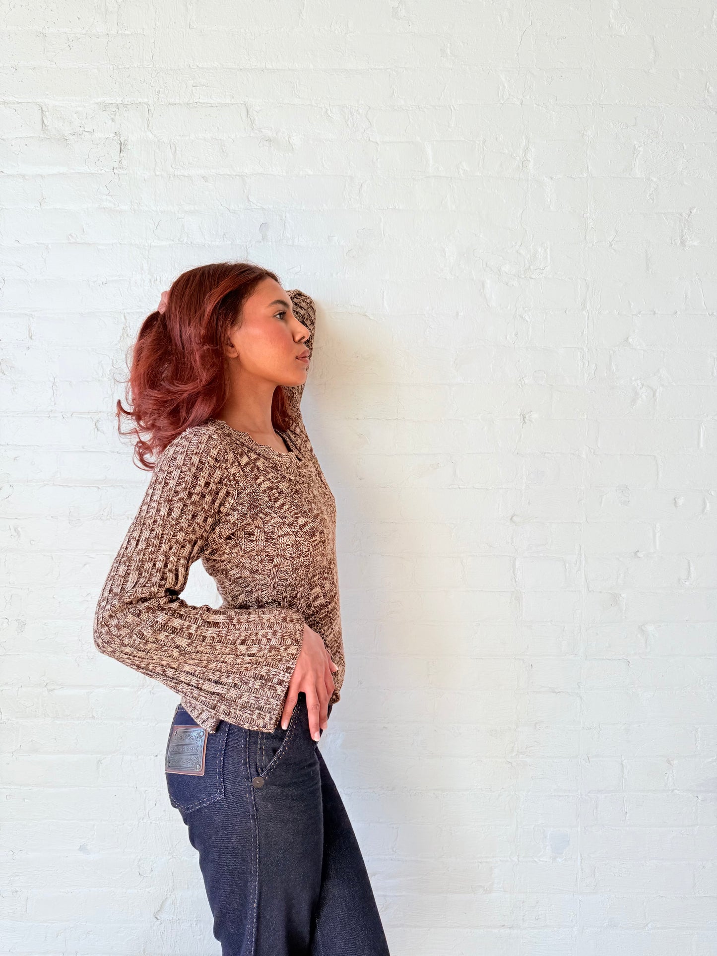 1990s Brown Marl Bell Sleeve Knit Sweater