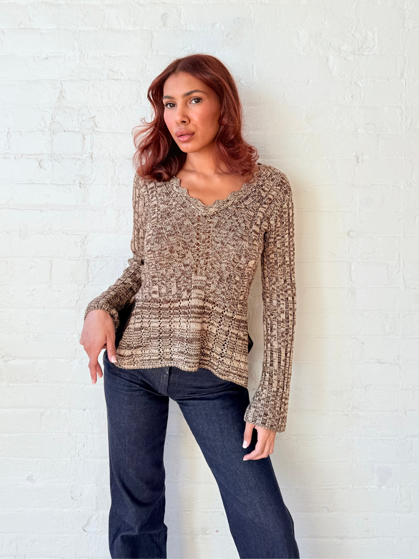 1990s Brown Marl Bell Sleeve Knit Sweater