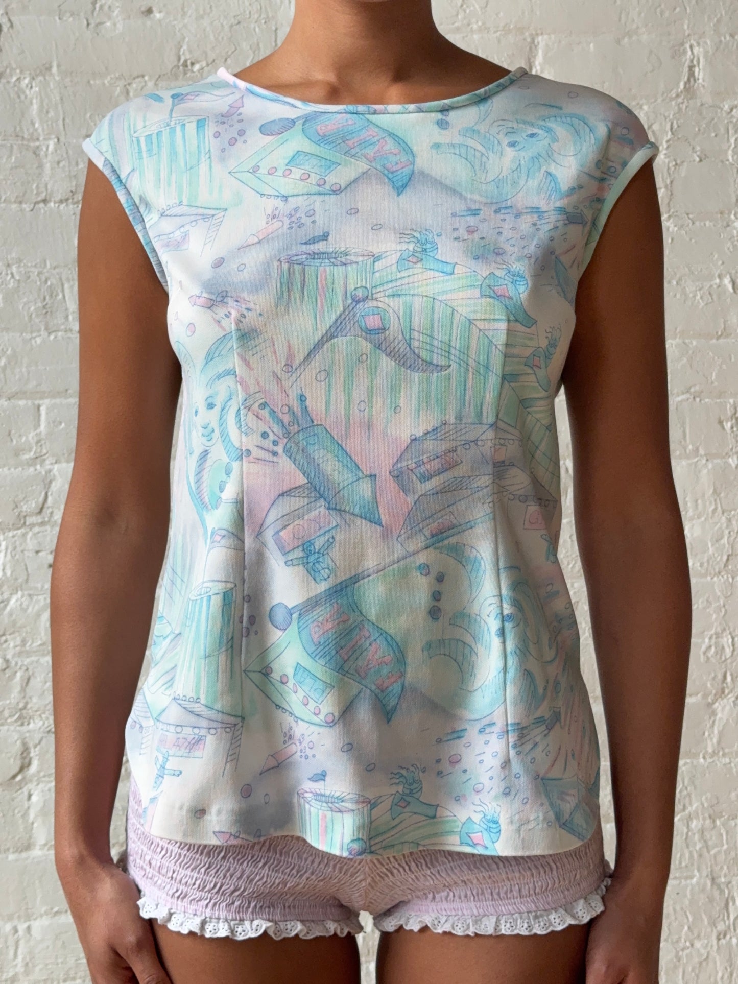 Vintage Pastel Carnival Graphic Mesh Top