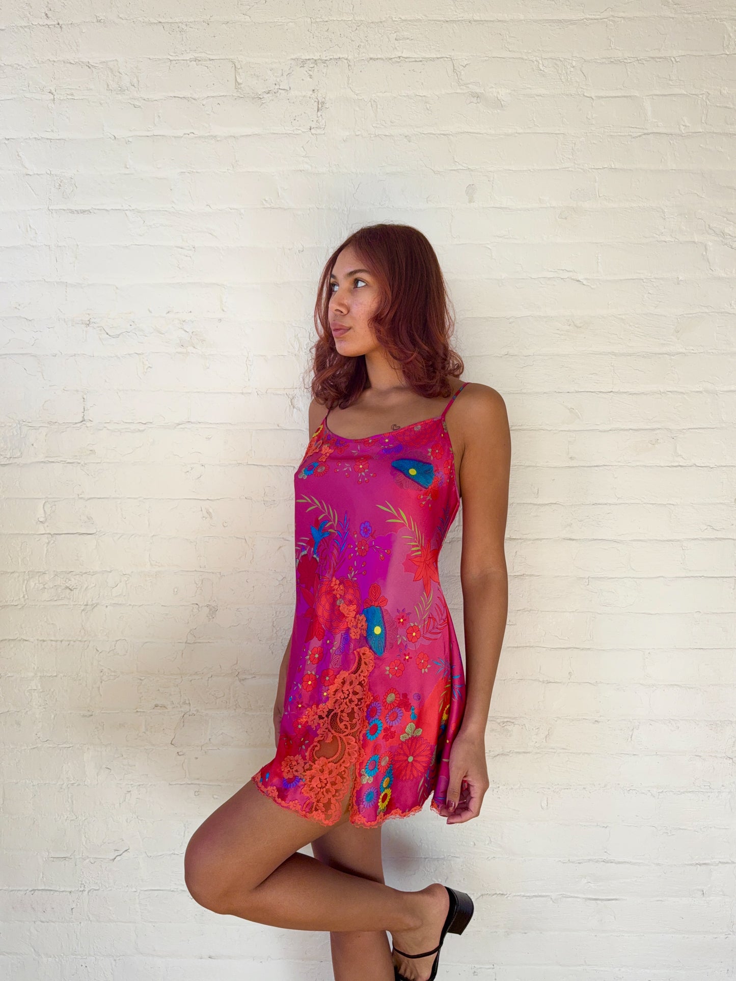 2000s Victoria's Secret Hot Pink Floral Satin Slip Mini Dress