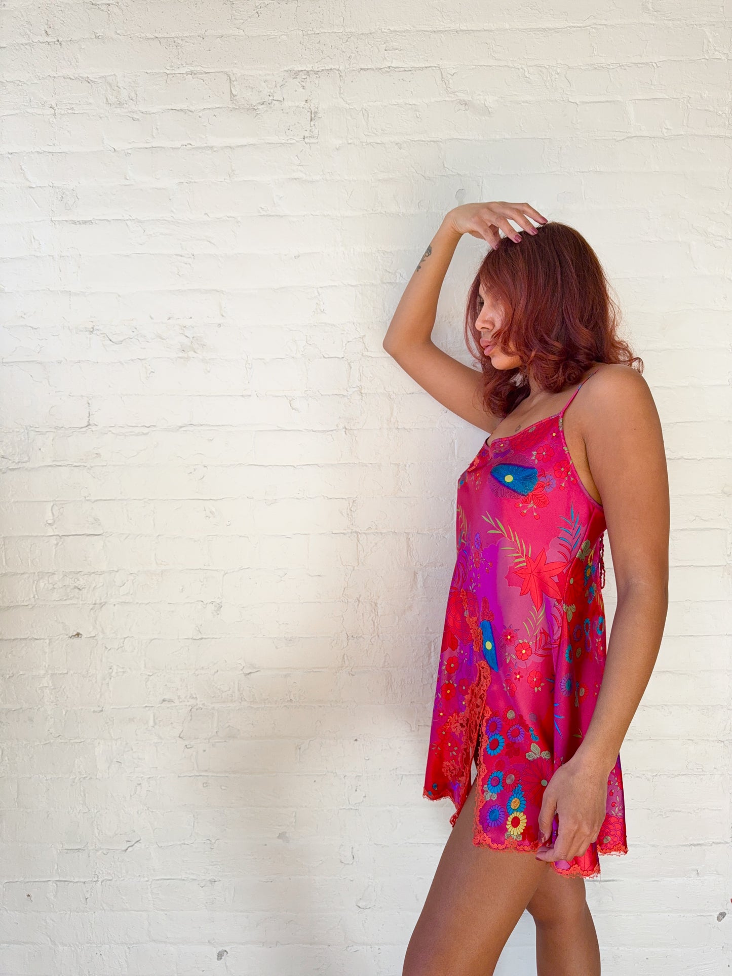 2000s Victoria's Secret Hot Pink Floral Satin Slip Mini Dress