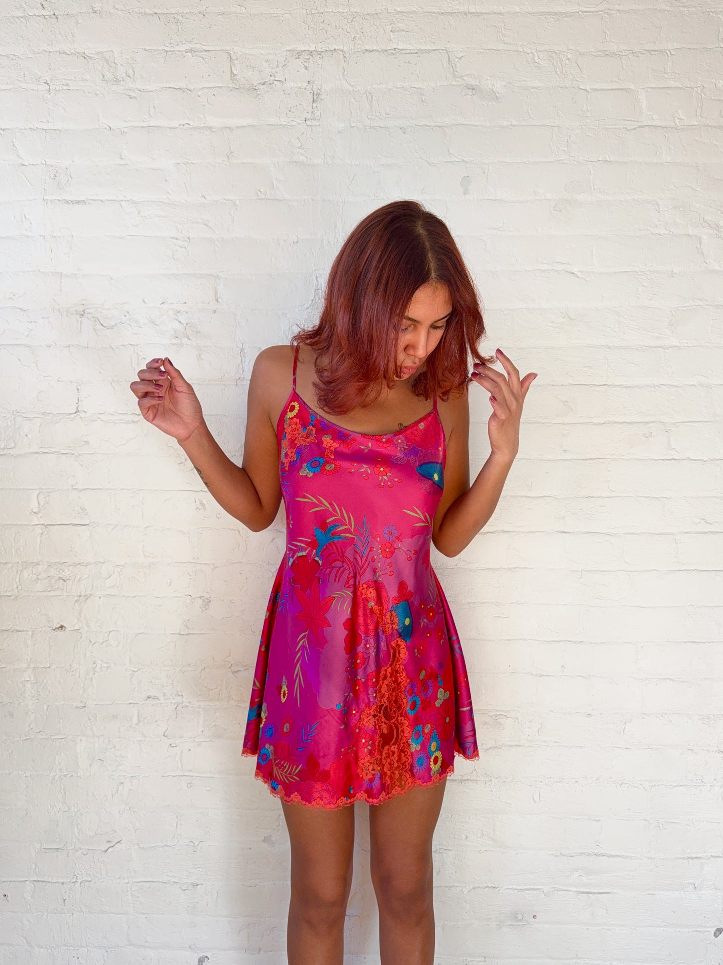 2000s Victoria's Secret Hot Pink Floral Satin Slip Mini Dress