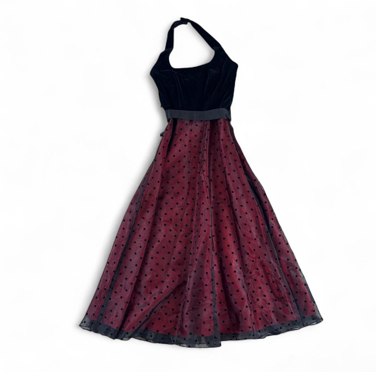 Vintage Betsy & Adam Black Velvet & Polka Dot Sheer Midi Dress