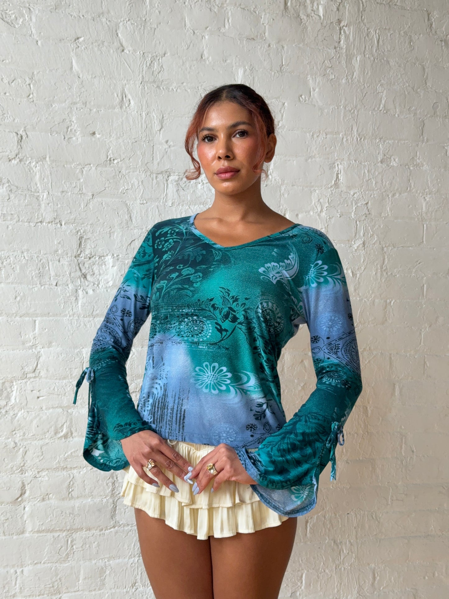 2000s Blue & Green Fairycore Flare Sleeve Top